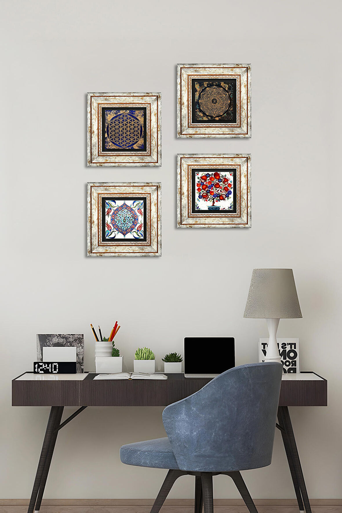 Sri Yantra, Yaşam Çiçeği, Çini Sanatı, Nar Ağacı Taş Duvar Tablosu Çerçeveli Duvar Dekoru 4 Parça Tablo Seti Wall Art