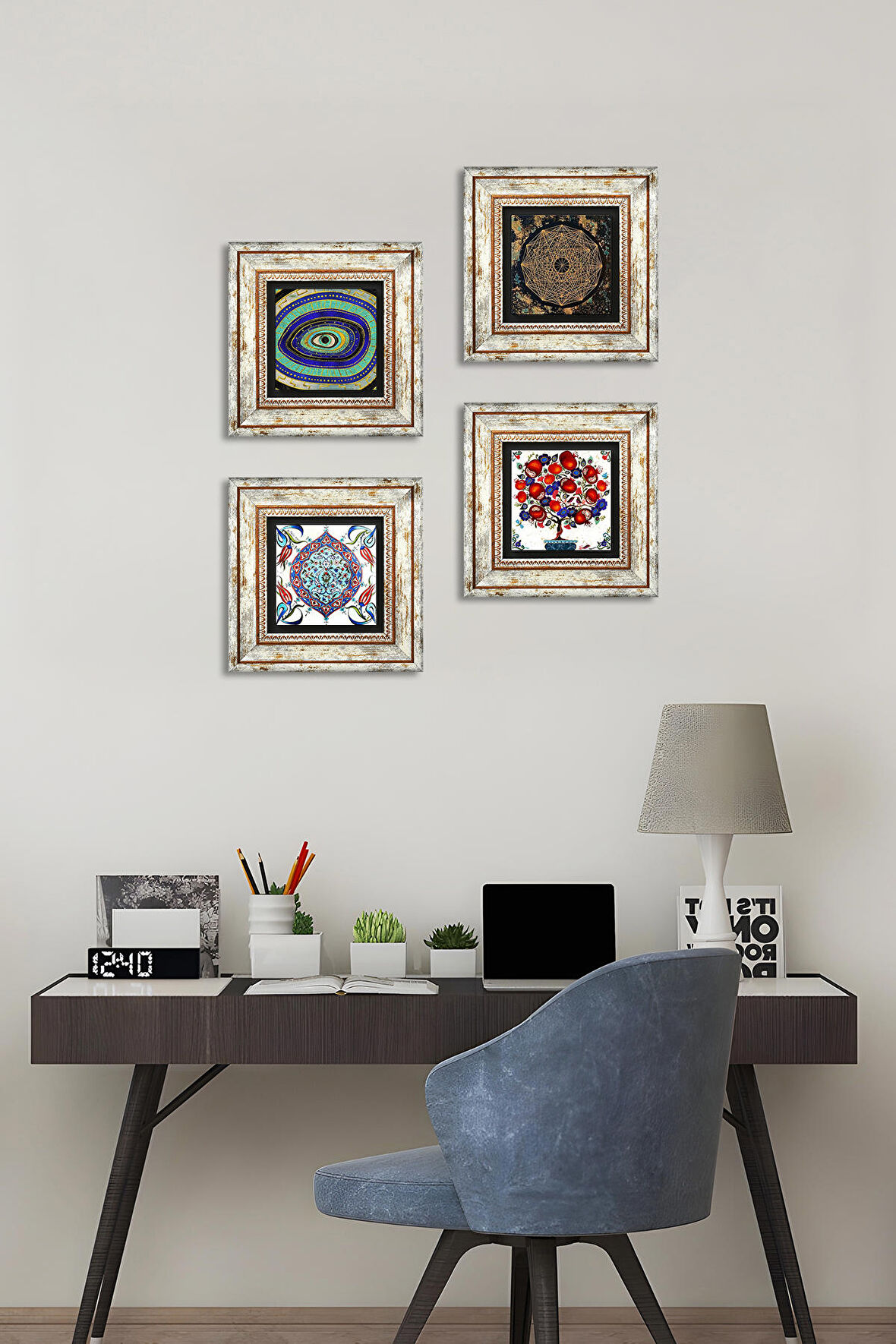 Nazar, Sri Yantra, Çini Sanatı, Nar Ağacı Taş Duvar Tablosu Çerçeveli Duvar Dekoru 4 Parça Tablo Seti Wall Art
