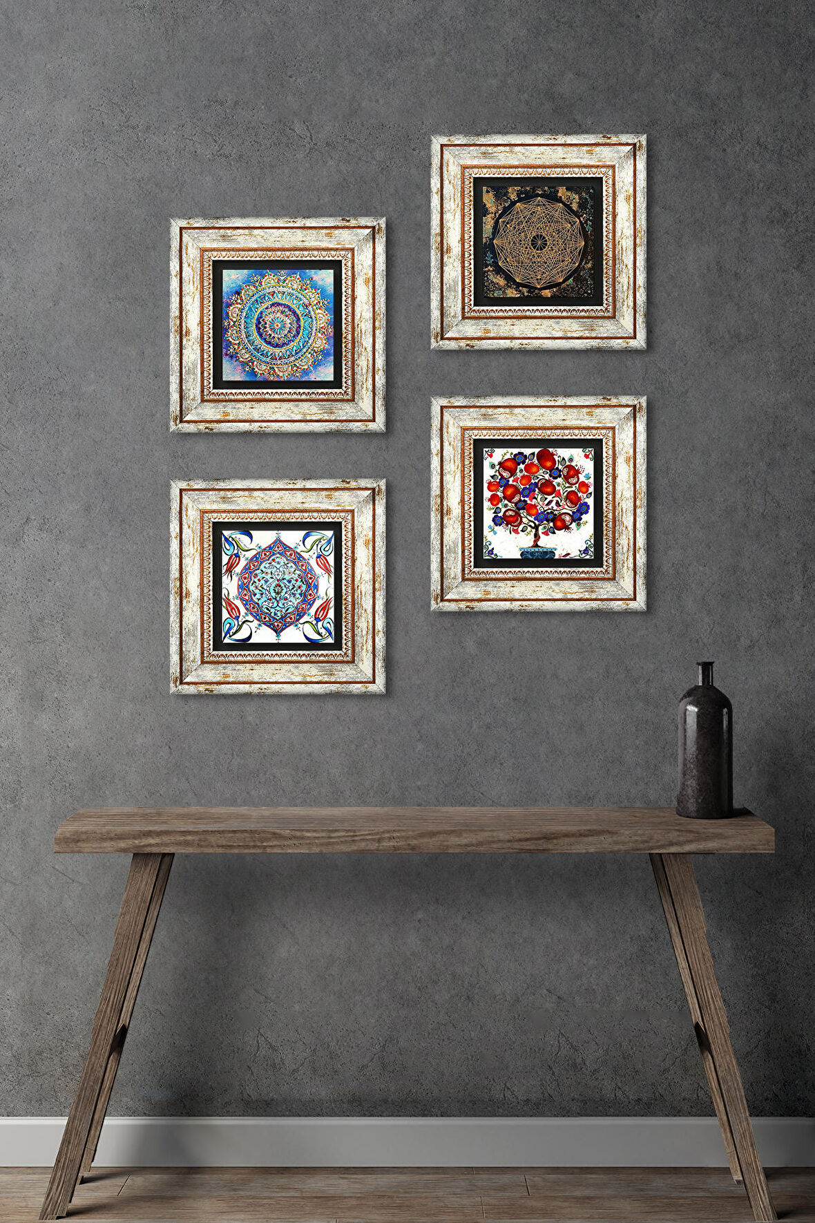 Mandala, Sri Yantra, Çini Sanatı, Nar Ağacı Taş Duvar Tablosu Çerçeveli Duvar Dekoru 4 Parça Tablo Seti Wall Art