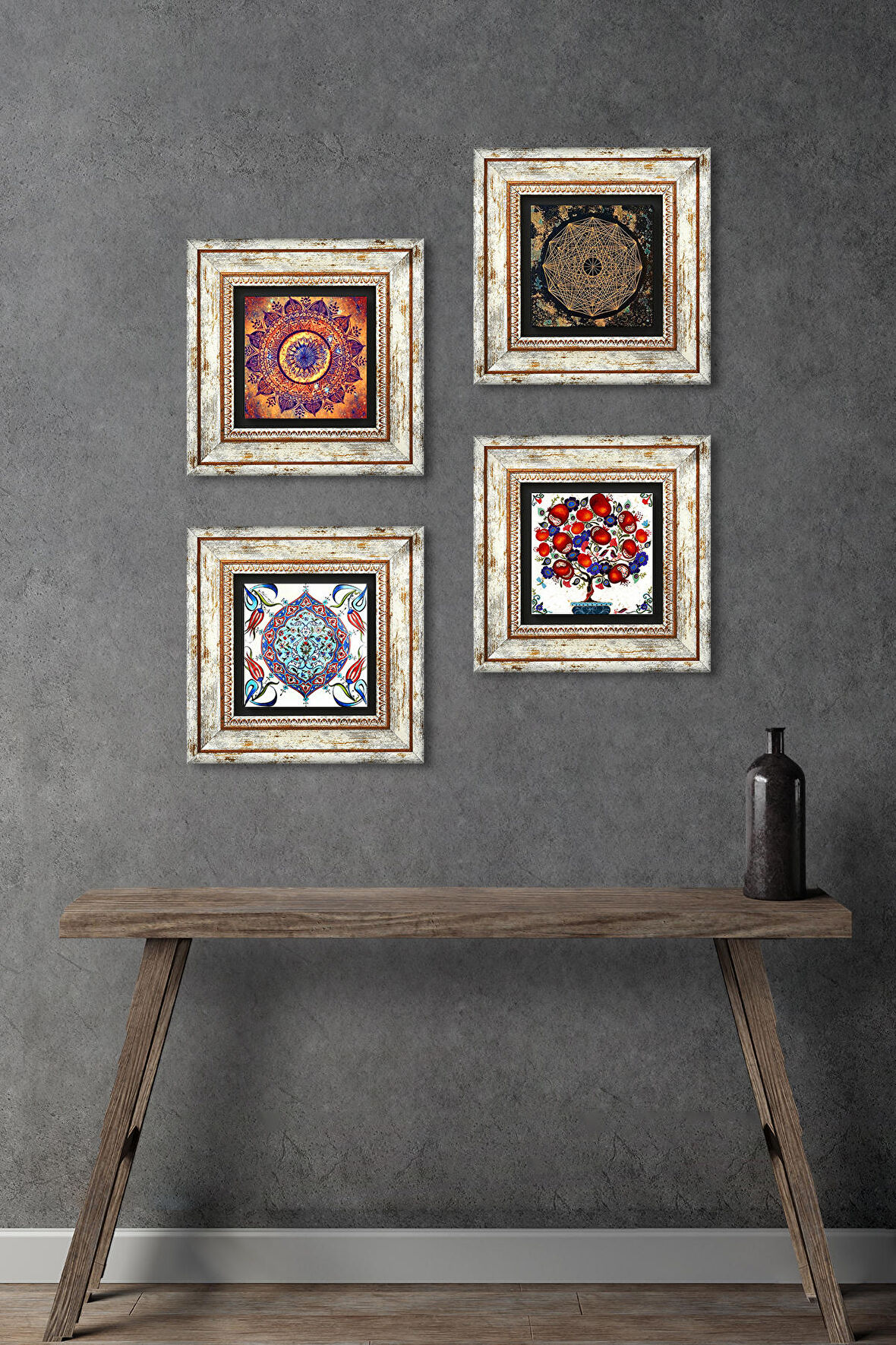 Mandala, Sri Yantra, Çini Sanatı, Nar Ağacı Taş Duvar Tablosu Çerçeveli Duvar Dekoru 4 Parça Tablo Seti Wall Art