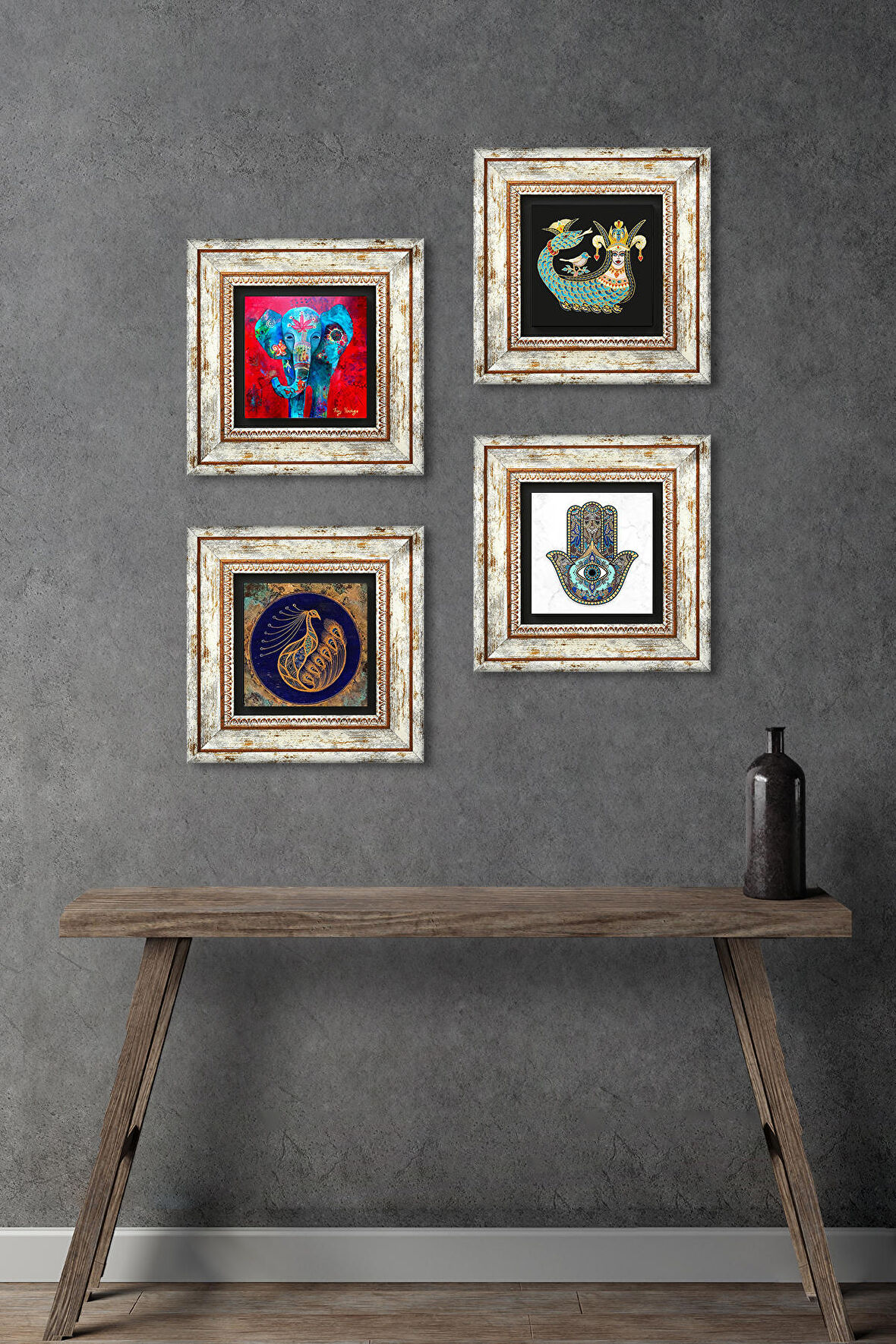 Fil, Tavus Kuşu, Şahmeran, Fatma Ana Eli (Hamsa) Taş Duvar Tablosu Çerçeveli Duvar Dekoru 4 Parça Tablo Seti Wall Art