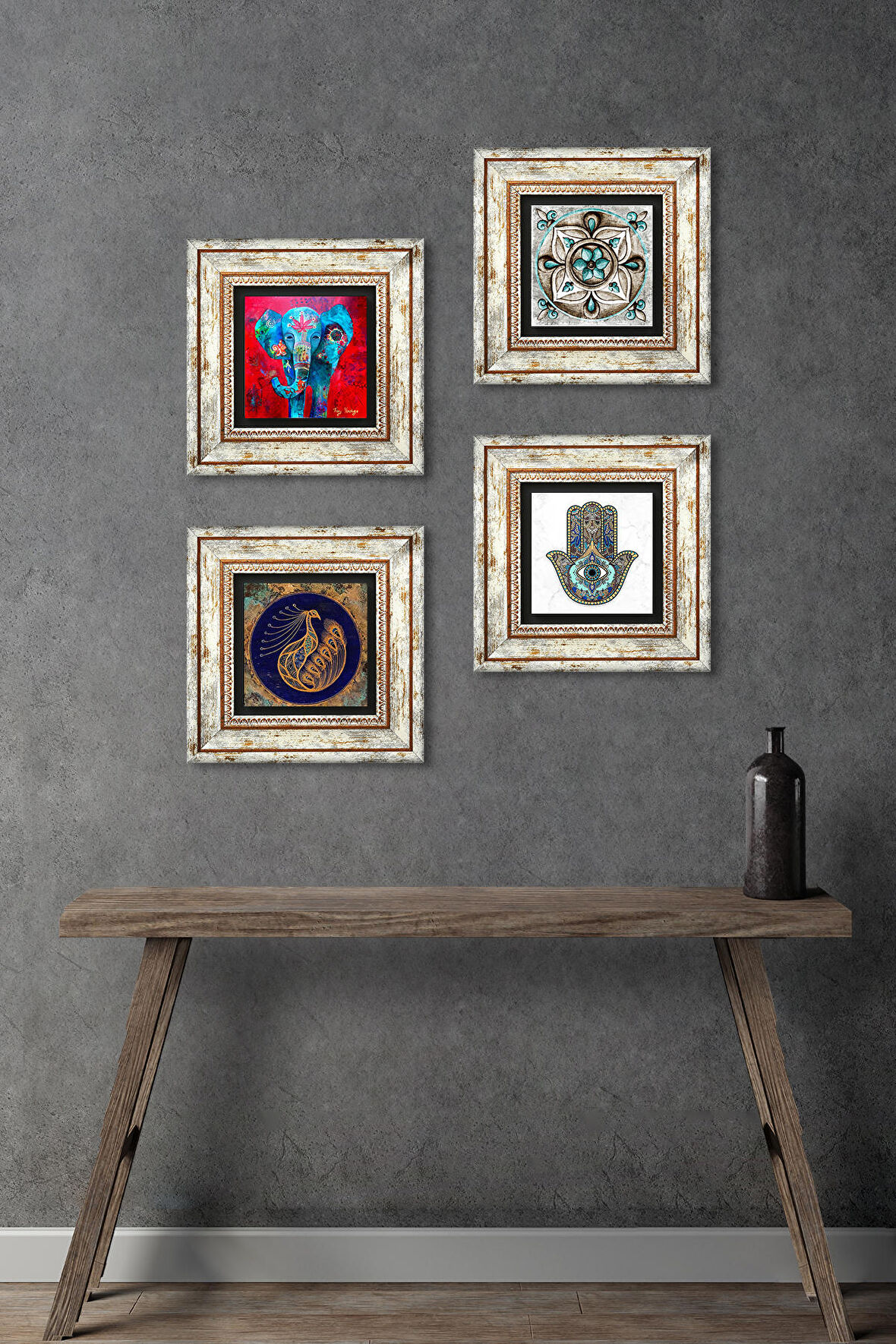 Fil, Tavus Kuşu, Çini Sanatı, Fatma Ana Eli (Hamsa) Taş Duvar Tablosu Çerçeveli Duvar Dekoru 4 Parça Tablo Seti Wall Art