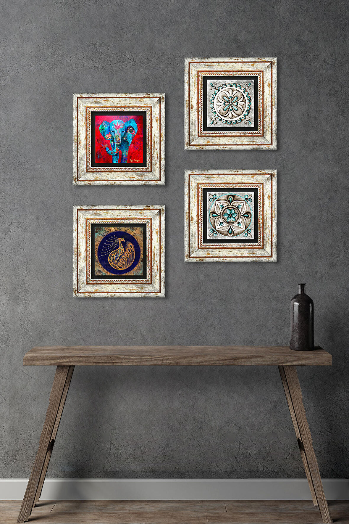 Fil, Tavus Kuşu, Çini Sanatı Taş Duvar Tablosu Çerçeveli Duvar Dekoru 4 Parça Tablo Seti Wall Art