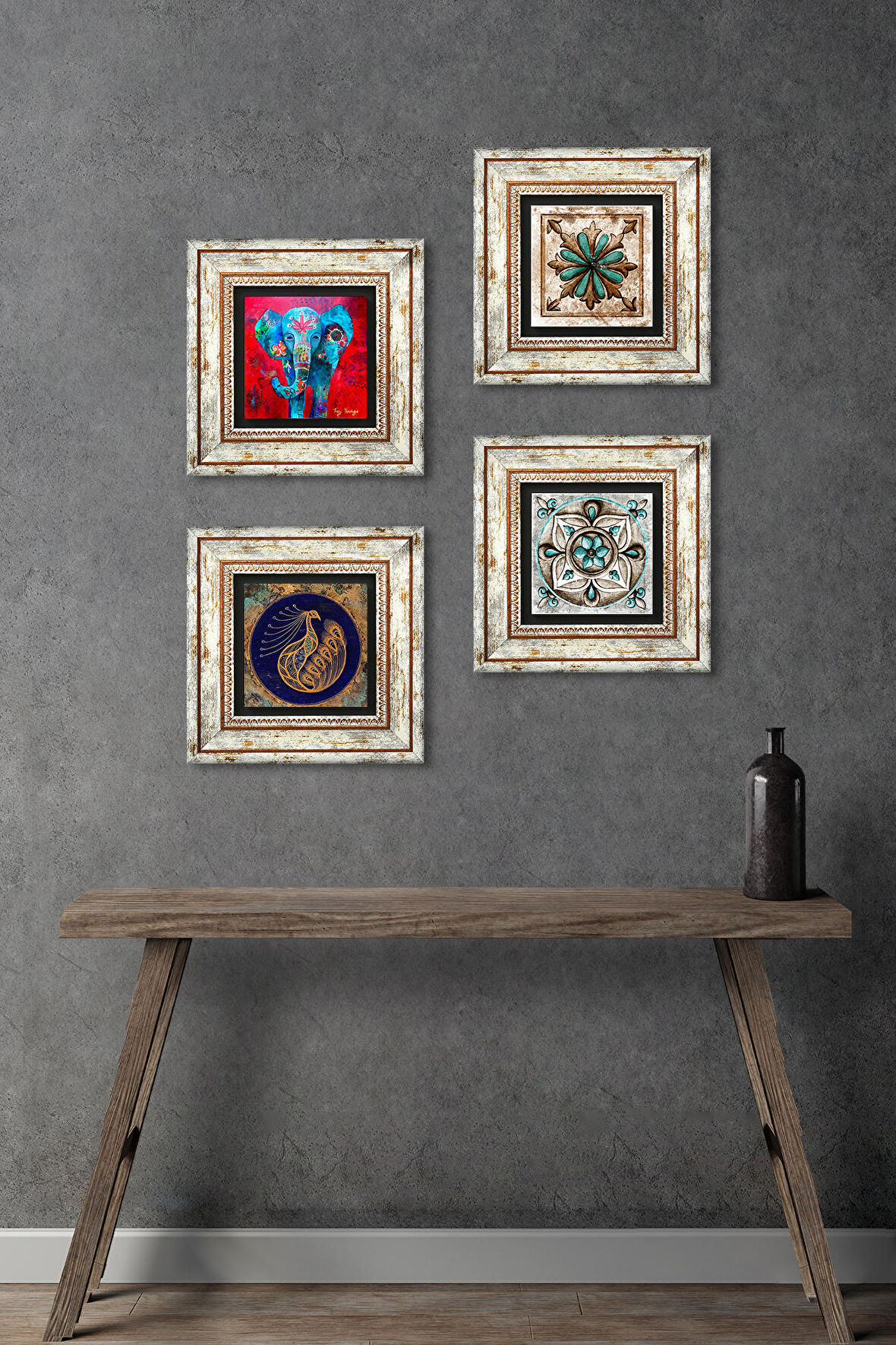 Fil, Tavus Kuşu, Fas Desenli Vintage, Çini Sanatı Taş Duvar Tablosu Çerçeveli Duvar Dekoru 4 Parça Tablo Seti Wall Art