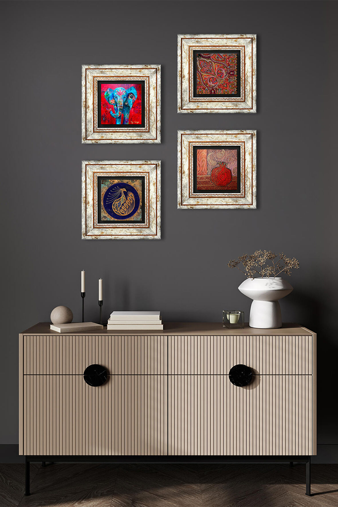 Fil, Tavus Kuşu, Desen, Nar Taş Duvar Tablosu Çerçeveli Duvar Dekoru 4 Parça Tablo Seti Wall Art