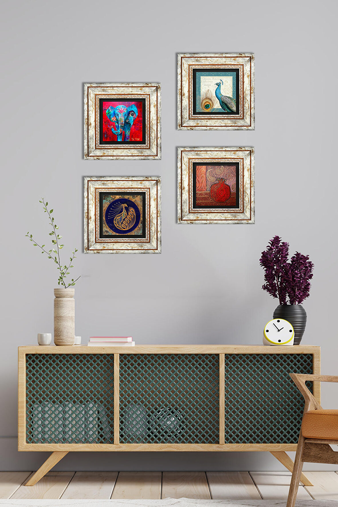 Fil, Tavus Kuşu, Nar Taş Duvar Tablosu Çerçeveli Duvar Dekoru 4 Parça Tablo Seti Wall Art