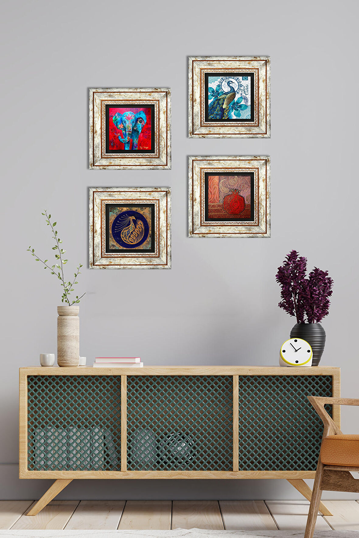 Fil, Tavus Kuşu, Nar Taş Duvar Tablosu Çerçeveli Duvar Dekoru 4 Parça Tablo Seti Wall Art