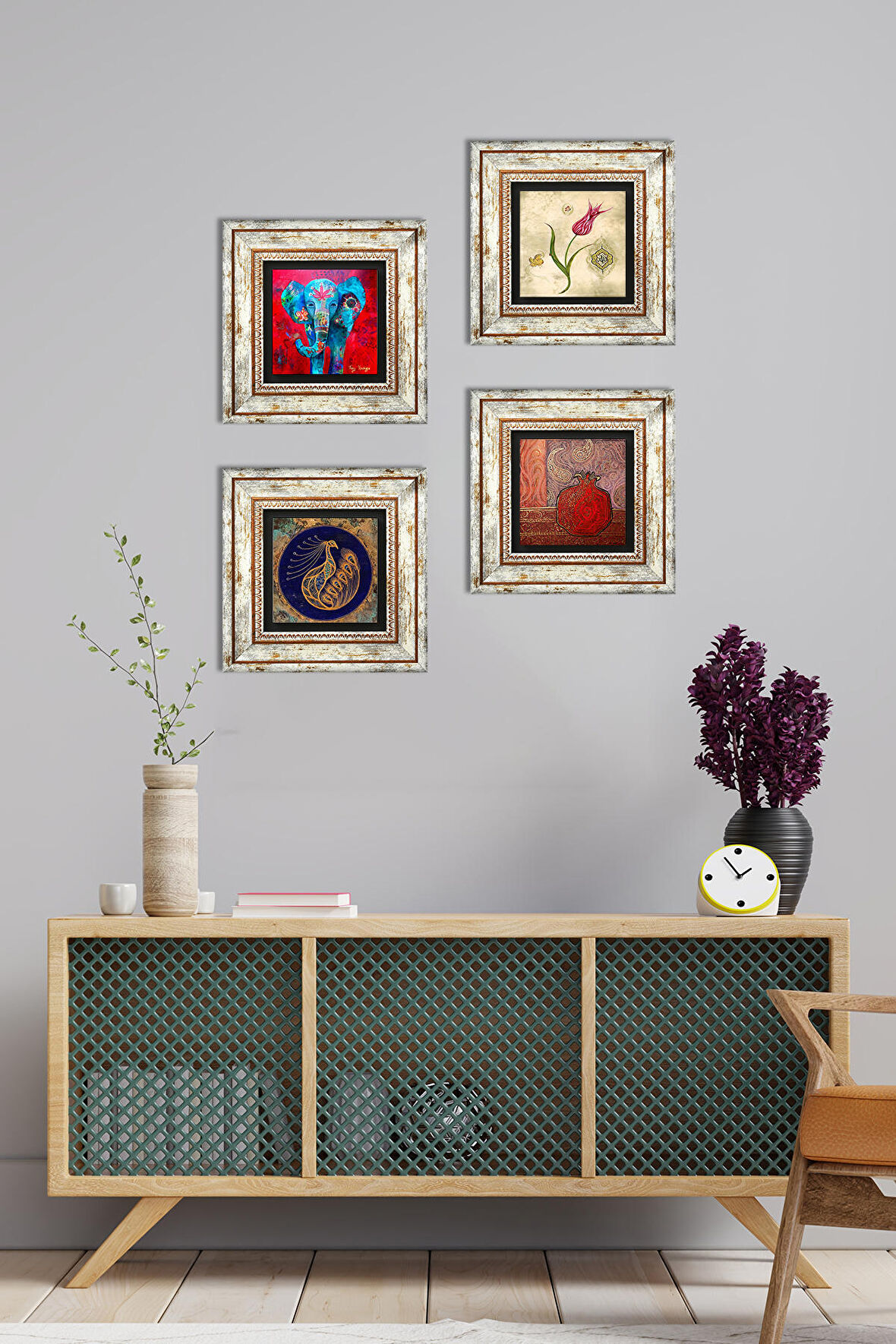 Fil, Tavus Kuşu, Lale, Nar Taş Duvar Tablosu Çerçeveli Duvar Dekoru 4 Parça Tablo Seti Wall Art