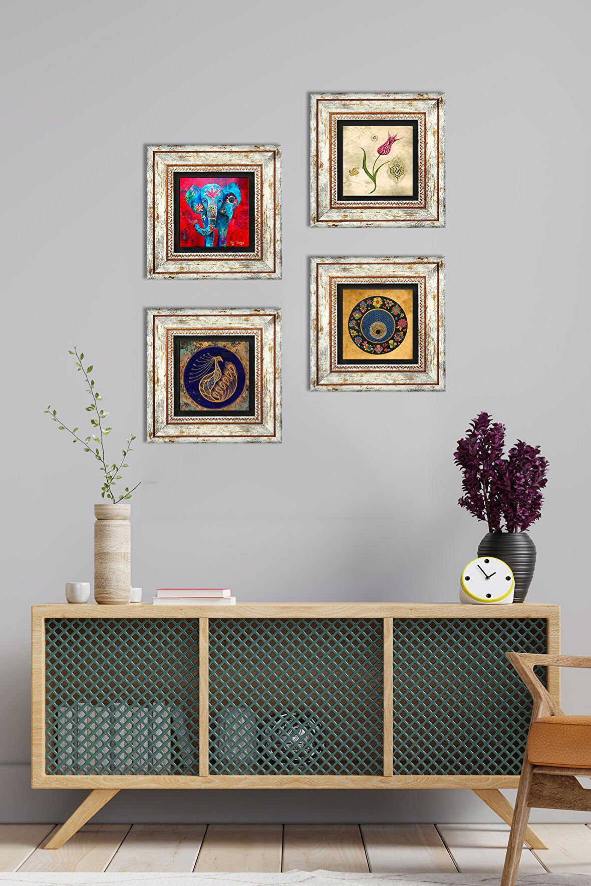 Fil, Tavus Kuşu, Lale, Nazar Taş Duvar Tablosu Çerçeveli Duvar Dekoru 4 Parça Tablo Seti Wall Art