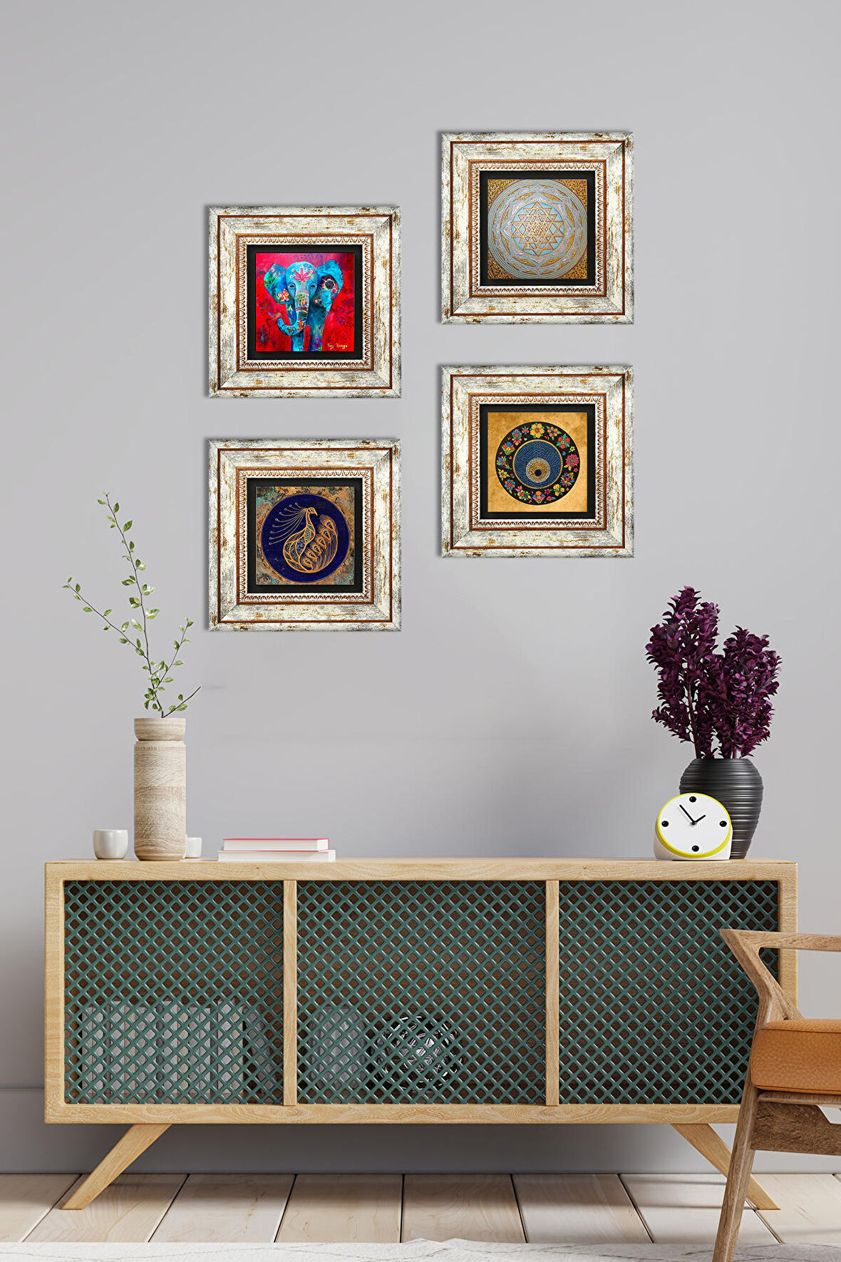 Fil, Tavus Kuşu, Sri Yantra, Nazar Taş Duvar Tablosu Çerçeveli Duvar Dekoru 4 Parça Tablo Seti Wall Art