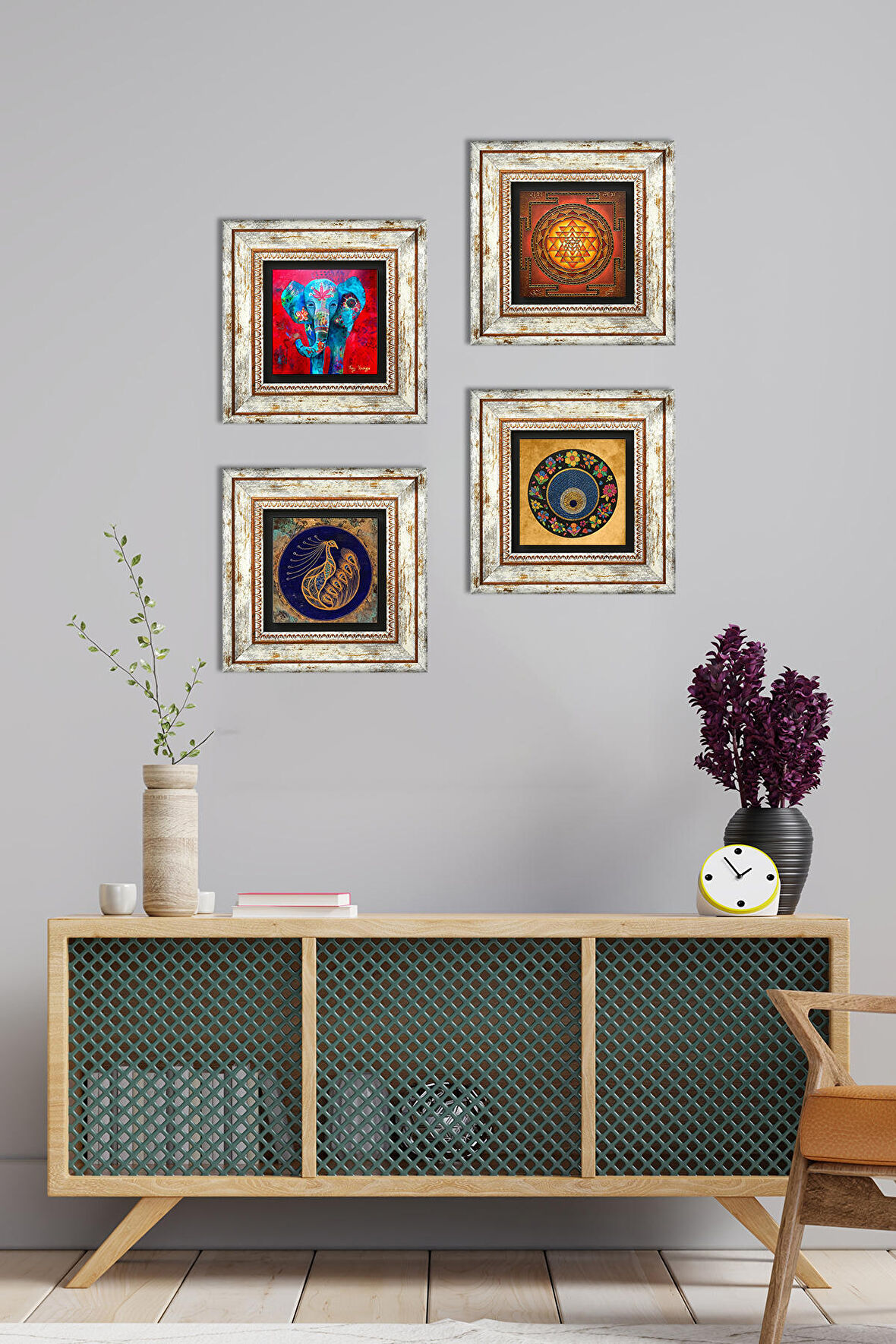 Fil, Tavus Kuşu, Sri Yantra, Nazar Taş Duvar Tablosu Çerçeveli Duvar Dekoru 4 Parça Tablo Seti Wall Art