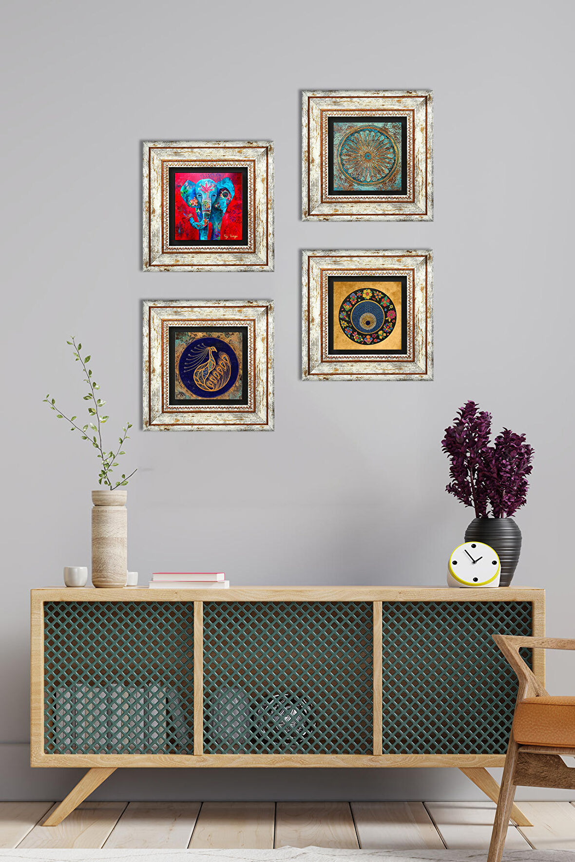 Fil, Tavus Kuşu, Yaşam Çiçeği, Nazar Taş Duvar Tablosu Çerçeveli Duvar Dekoru 4 Parça Tablo Seti Wall Art