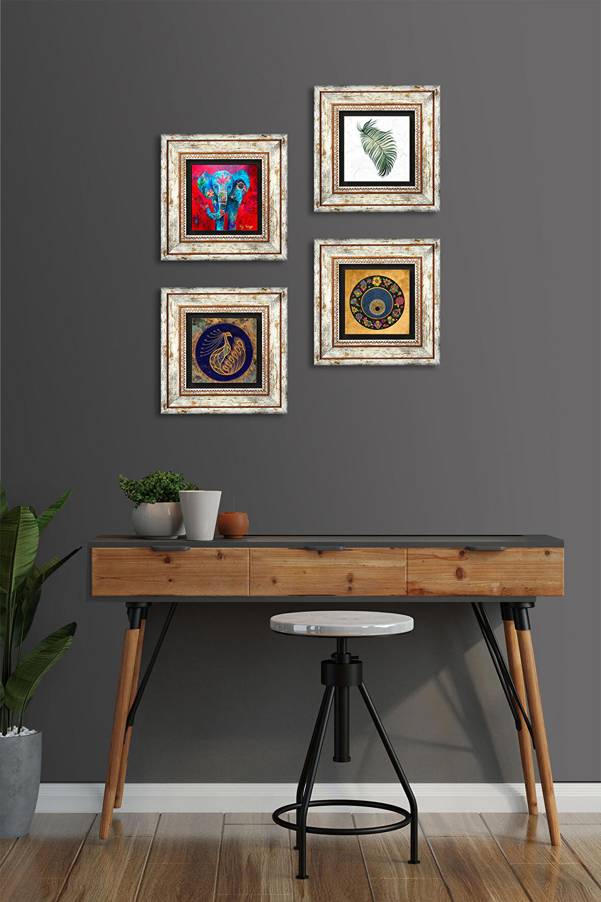 Fil, Yaprak, Tavus Kuşu, Nazar Taş Duvar Tablosu Çerçeveli Duvar Dekoru 4 Parça Tablo Seti Wall Art