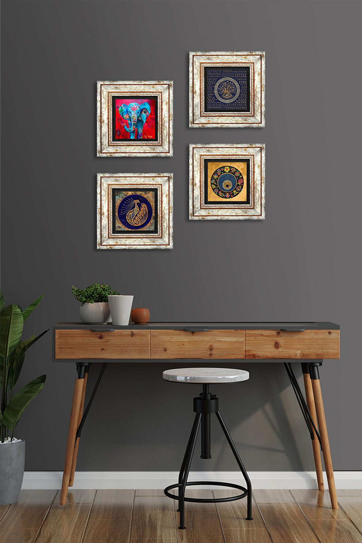 Fil, Tavus Kuşu, Nazar Taş Duvar Tablosu Çerçeveli Duvar Dekoru 4 Parça Tablo Seti Wall Art