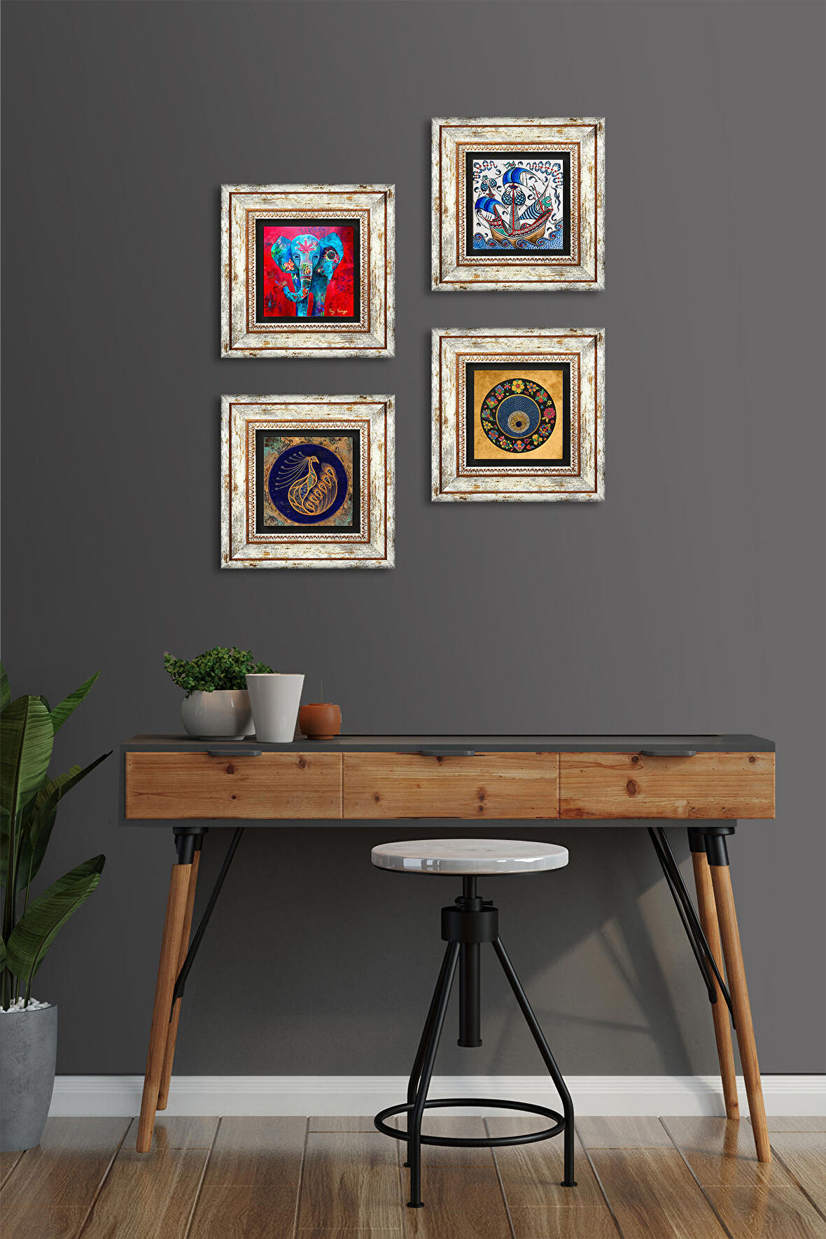 Fil, Tavus Kuşu, Çini Sanatı Yelkenli Gemi, Nazar Taş Duvar Tablosu Çerçeveli Duvar Dekoru 4 Parça Tablo Seti Wall Art