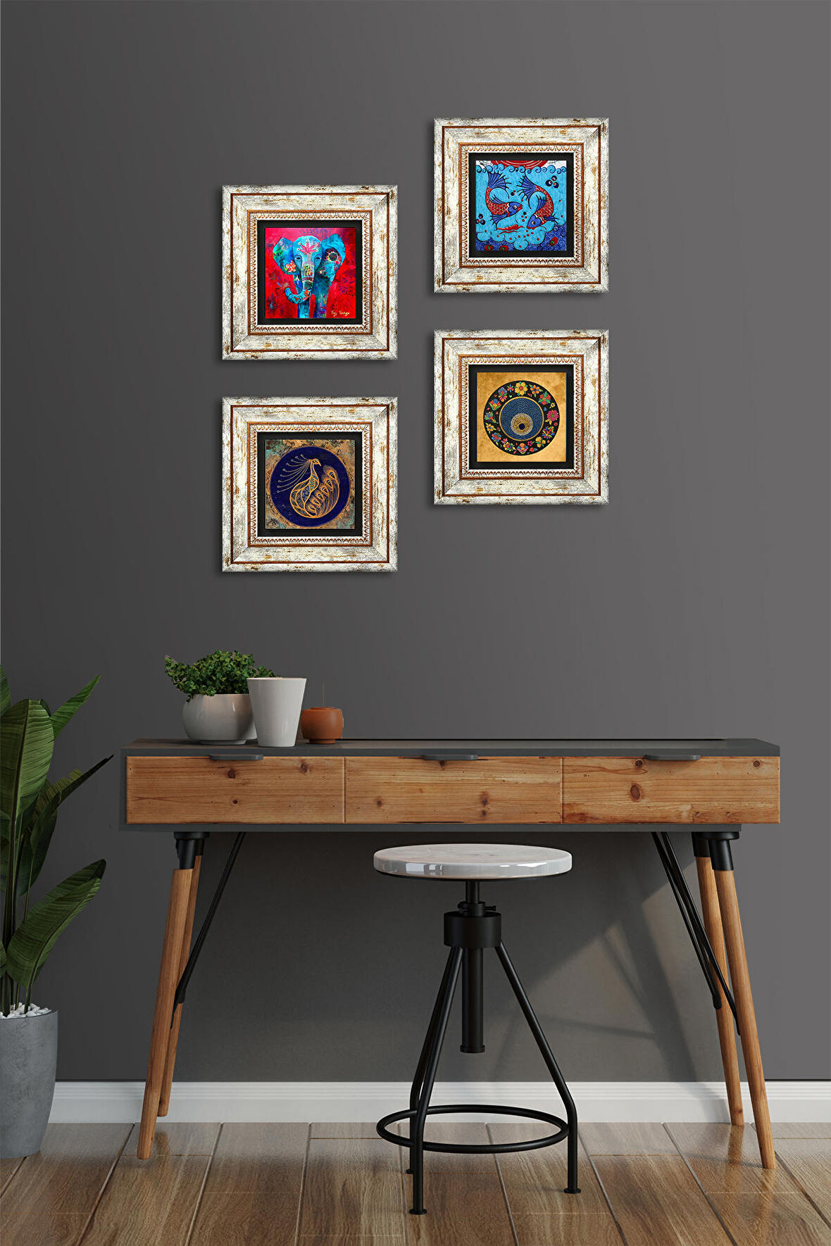 Fil, Tavus Kuşu, Çini Sanatı Balık, Nazar Taş Duvar Tablosu Çerçeveli Duvar Dekoru 4 Parça Tablo Seti Wall Art