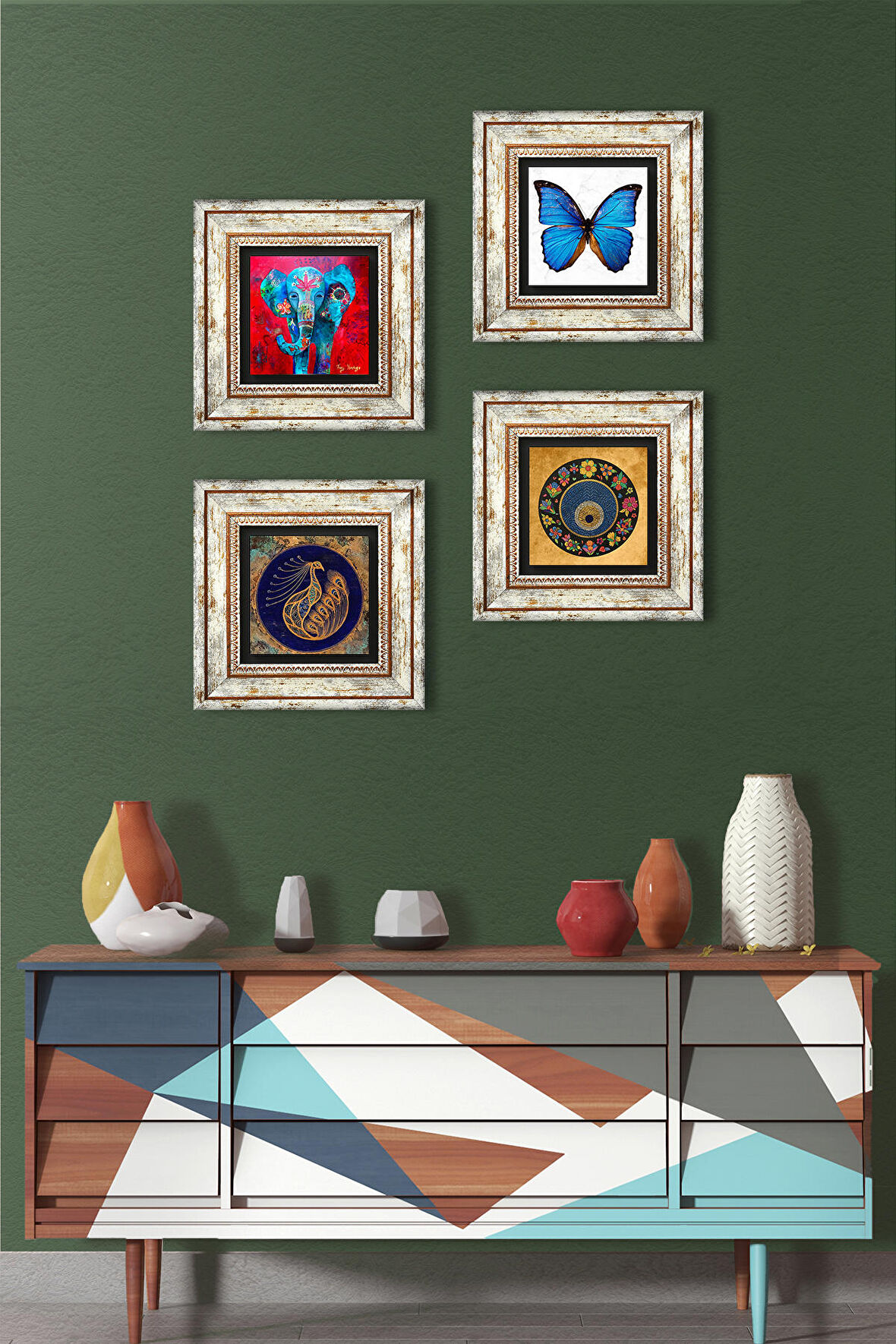 Kelebek, Fil, Tavus Kuşu, Nazar Taş Duvar Tablosu Çerçeveli Duvar Dekoru 4 Parça Tablo Seti Wall Art