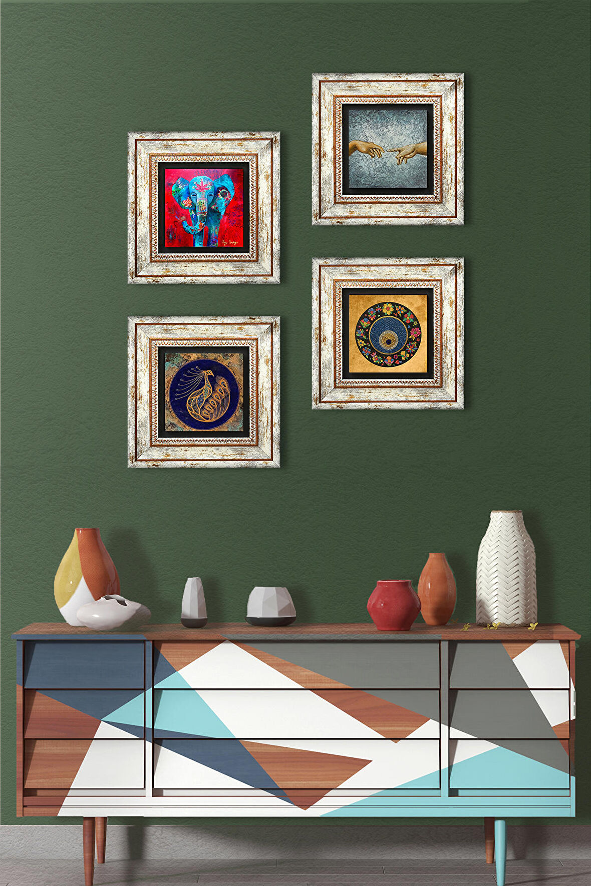 Michelangelo Adem'in Yaratılışı, Fil, Tavus Kuşu, Nazar Taş Duvar Tablosu Çerçeveli Duvar Dekoru 4 Parça Tablo Seti Wall Art