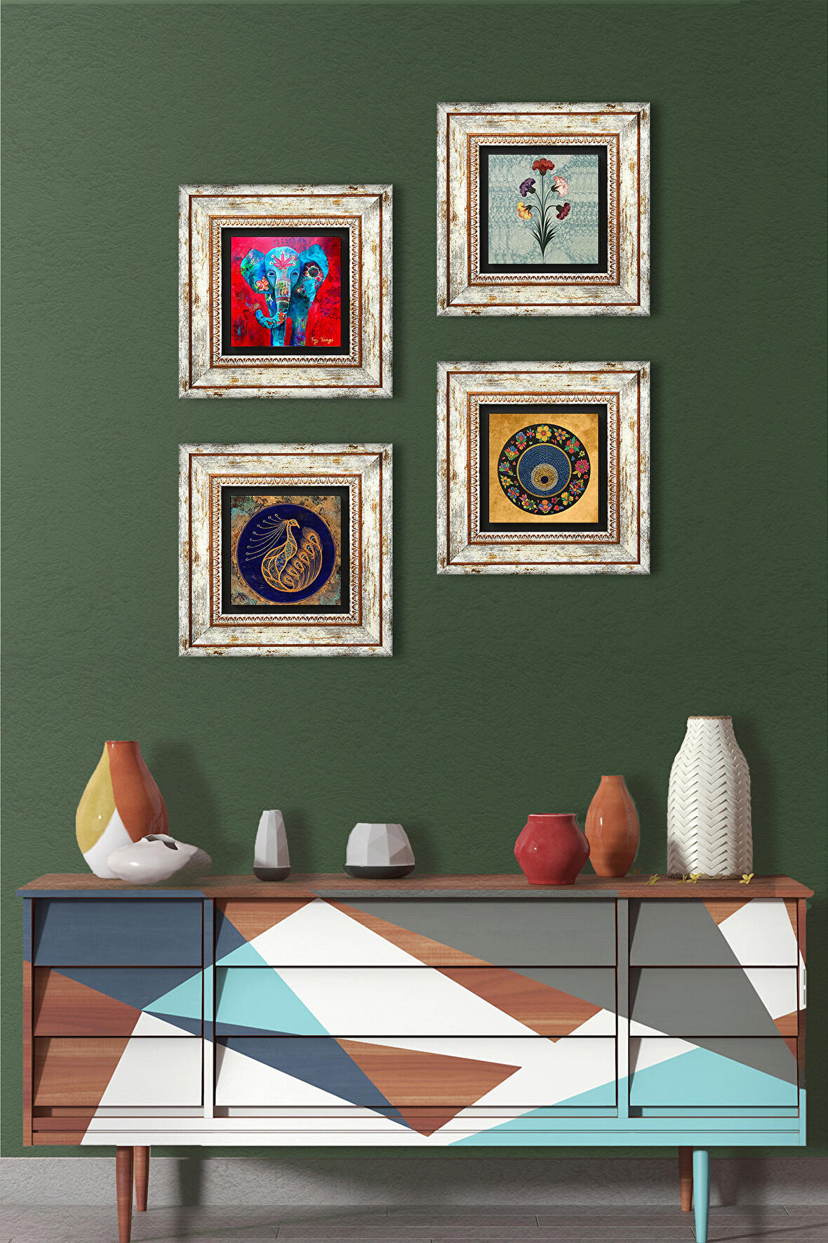 Ebru Sanatı, Fil, Tavus Kuşu, Nazar Taş Duvar Tablosu Çerçeveli Duvar Dekoru 4 Parça Tablo Seti Wall Art