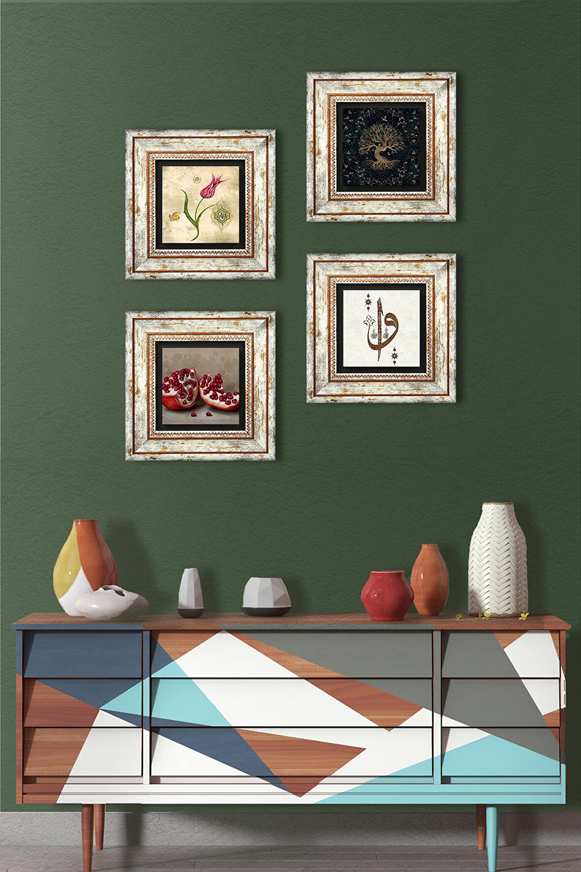 Elif Vav, Hayat Ağacı, Lale, Nar Taş Duvar Tablosu Çerçeveli Duvar Dekoru 4 Parça Tablo Seti Wall Art