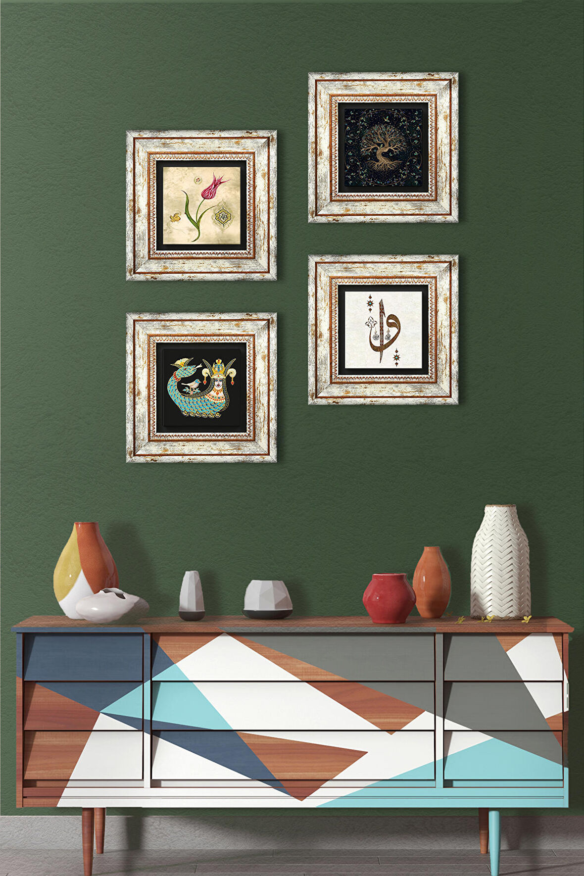 Elif Vav, Hayat Ağacı, Lale, Şahmeran Taş Duvar Tablosu Çerçeveli Duvar Dekoru 4 Parça Tablo Seti Wall Art