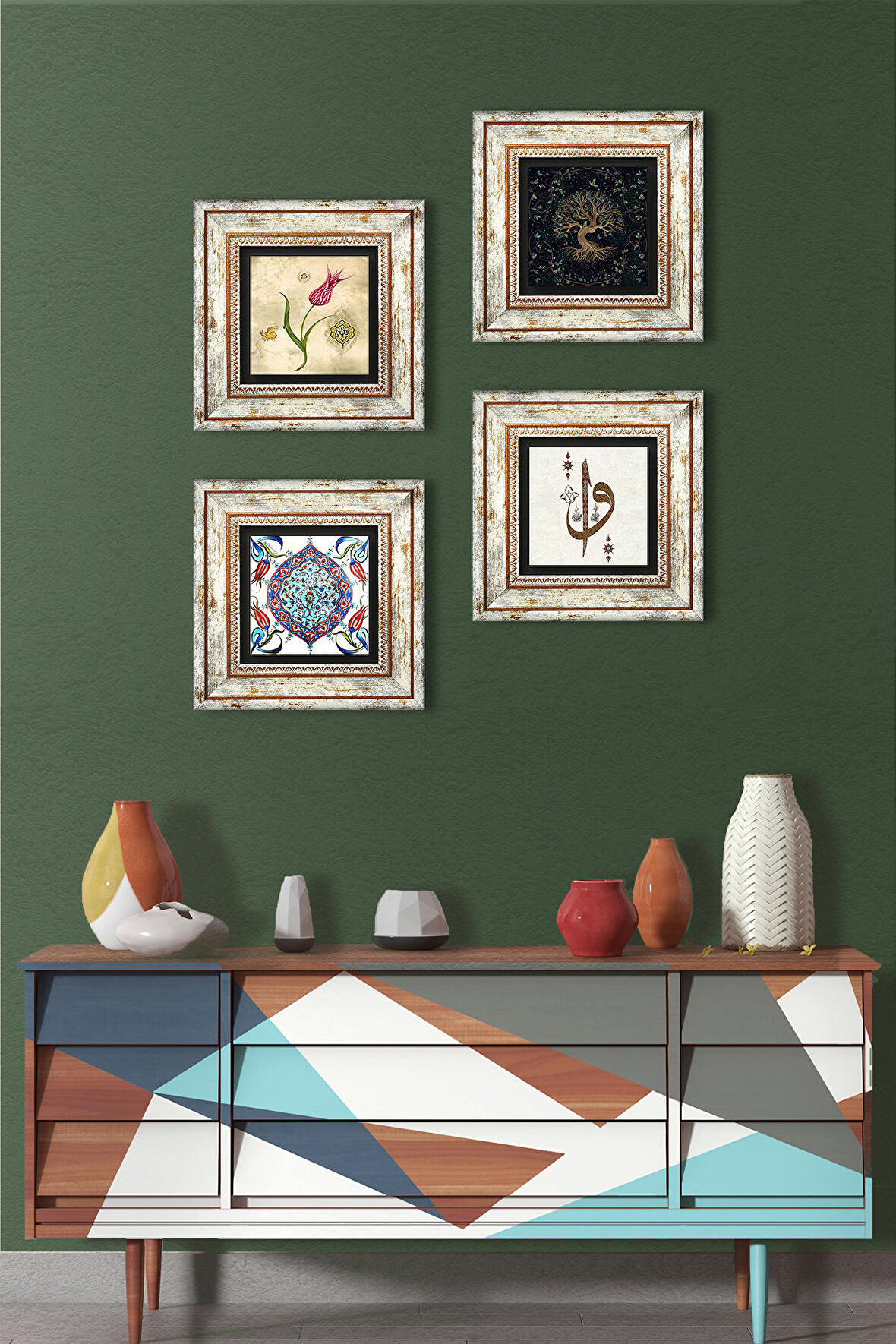 Elif Vav, Hayat Ağacı, Lale, Çini Sanatı Taş Duvar Tablosu Çerçeveli Duvar Dekoru 4 Parça Tablo Seti Wall Art