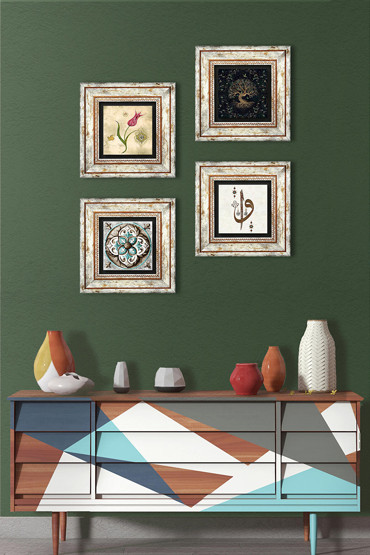 Elif Vav, Hayat Ağacı, Lale, Çini Sanatı Taş Duvar Tablosu Çerçeveli Duvar Dekoru 4 Parça Tablo Seti Wall Art