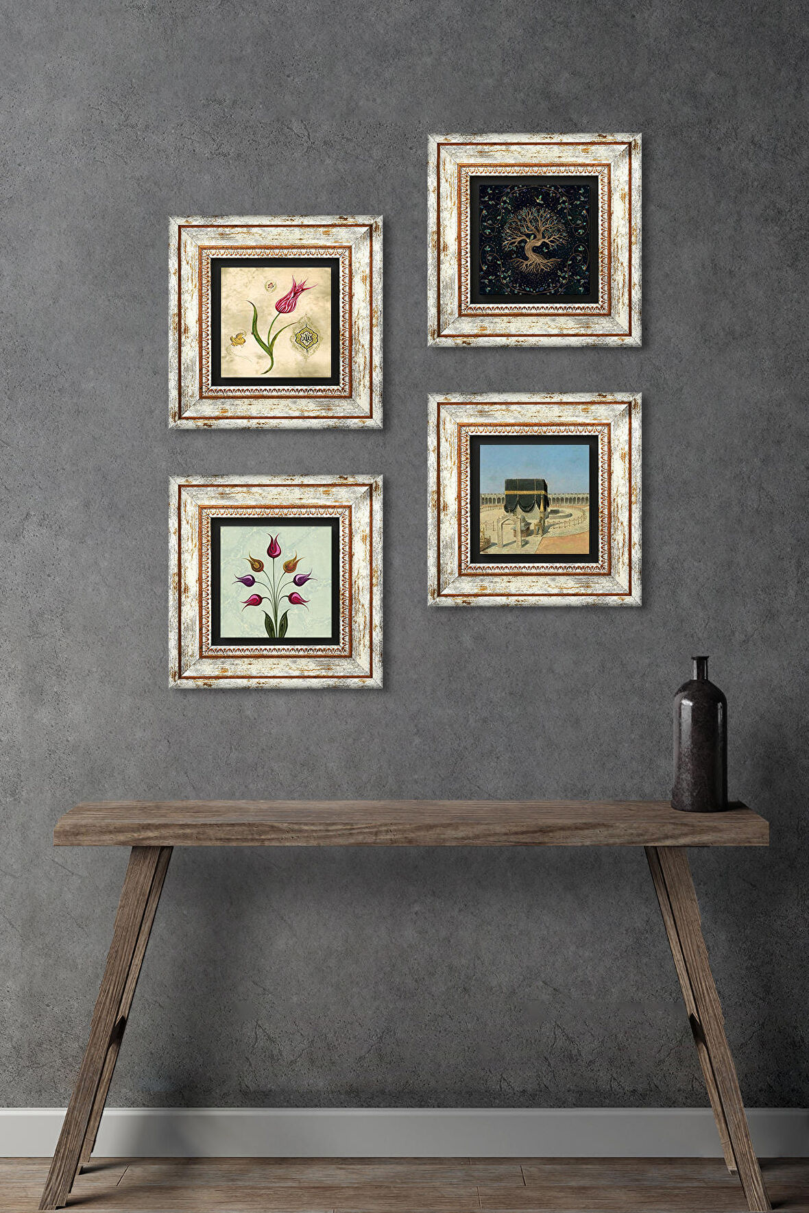 Hayat Ağacı, Lale, Kabe-i Muazzama Taş Duvar Tablosu Çerçeveli Duvar Dekoru 4 Parça Tablo Seti Wall Art