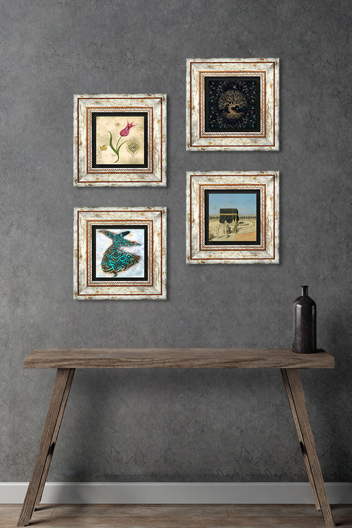 Hayat Ağacı, Lale, Kabe-i Muazzama, Semazen Taş Duvar Tablosu Çerçeveli Duvar Dekoru 4 Parça Tablo Seti Wall Art