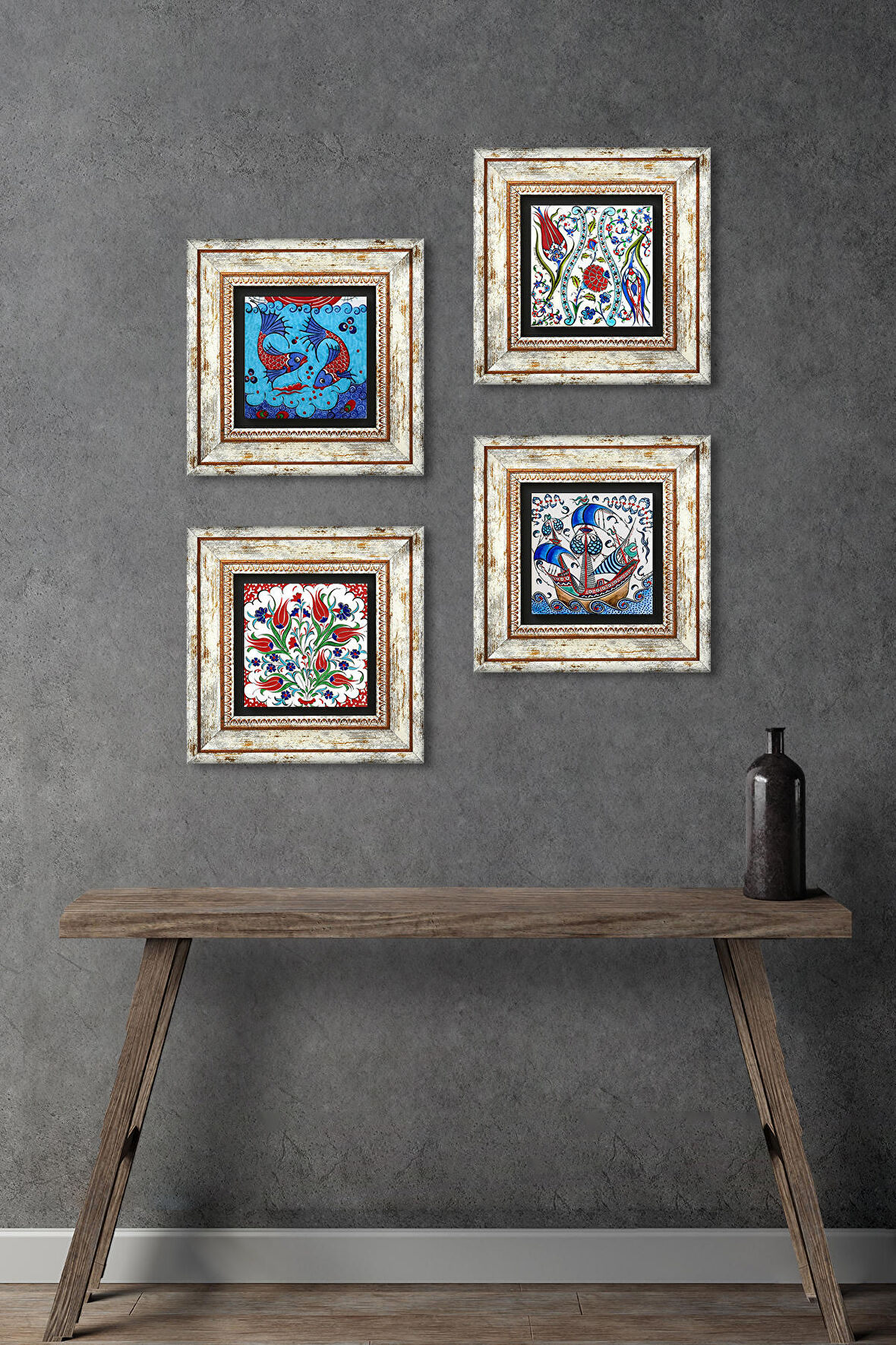 Çini Sanatı Balık, Yelkenli Gemi, Lale Taş Duvar Tablosu Çerçeveli Duvar Dekoru 4 Parça Tablo Seti Wall Art