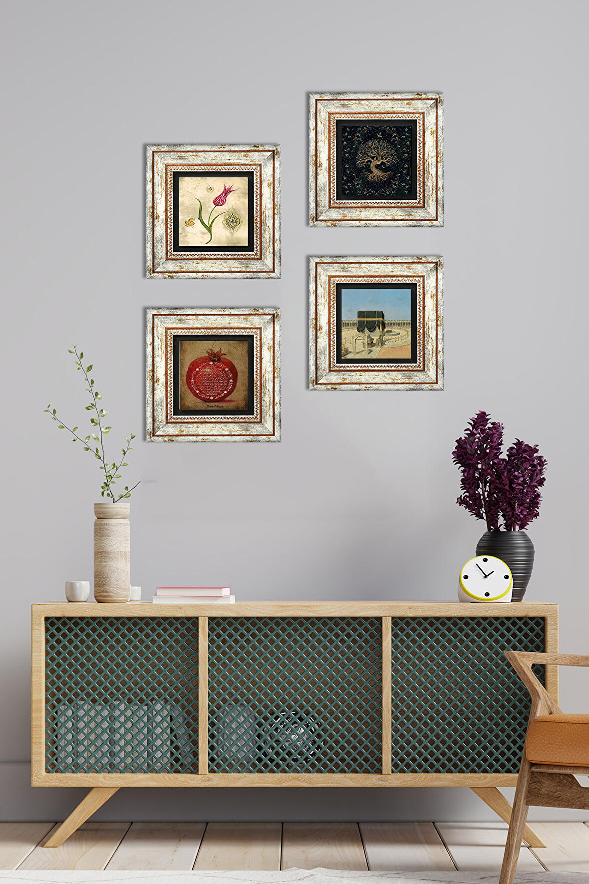 Hayat Ağacı, Lale, Kabe-i Muazzama, Bereket Duası Taş Duvar Tablosu Çerçeveli Duvar Dekoru 4 Parça Tablo Seti Wall Art