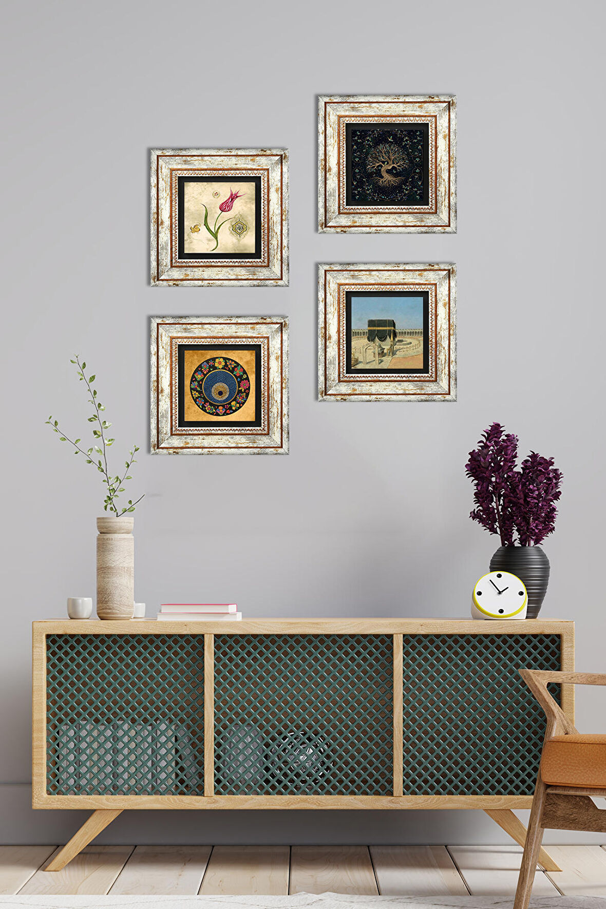 Hayat Ağacı, Lale, Kabe-i Muazzama, Nazar Taş Duvar Tablosu Çerçeveli Duvar Dekoru 4 Parça Tablo Seti Wall Art