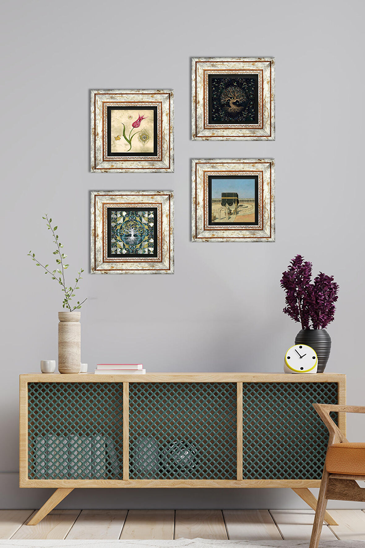 Hayat Ağacı, Lale, Kabe-i Muazzama Taş Duvar Tablosu Çerçeveli Duvar Dekoru 4 Parça Tablo Seti Wall Art