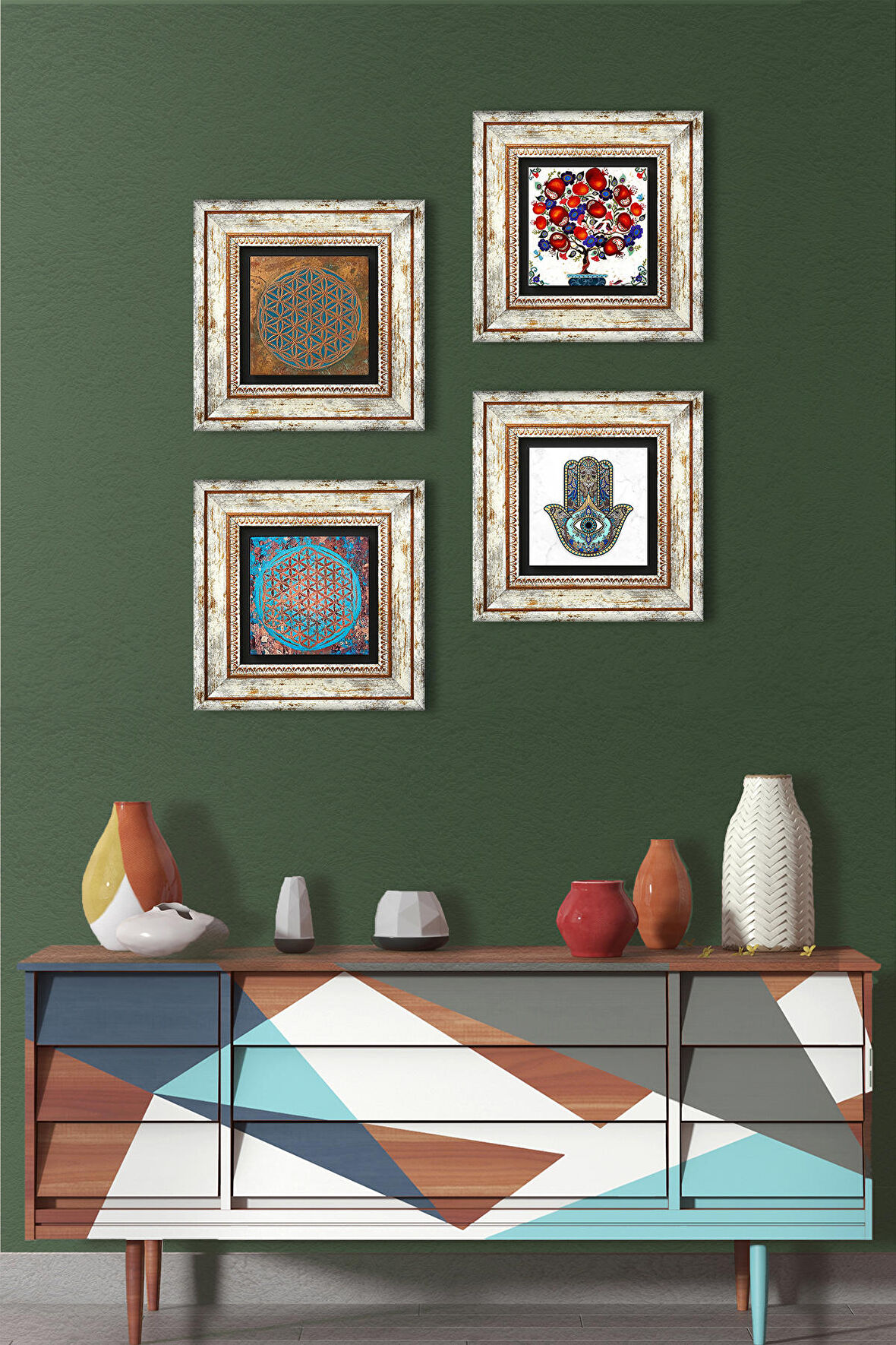 Yaşam Çiçeği, Nar Ağacı, Fatma Ana Eli (Hamsa) Taş Duvar Tablosu Çerçeveli Duvar Dekoru 4 Parça Tablo Seti Wall Art