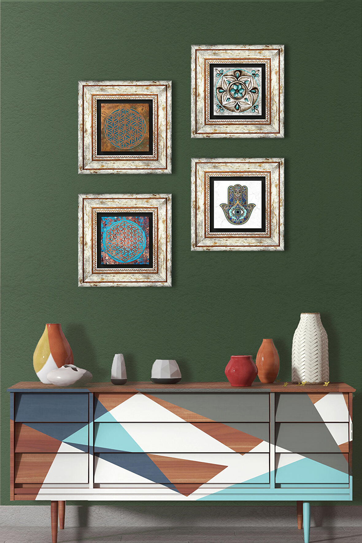 Yaşam Çiçeği, Çini Sanatı, Fatma Ana Eli (Hamsa) Taş Duvar Tablosu Çerçeveli Duvar Dekoru 4 Parça Tablo Seti Wall Art