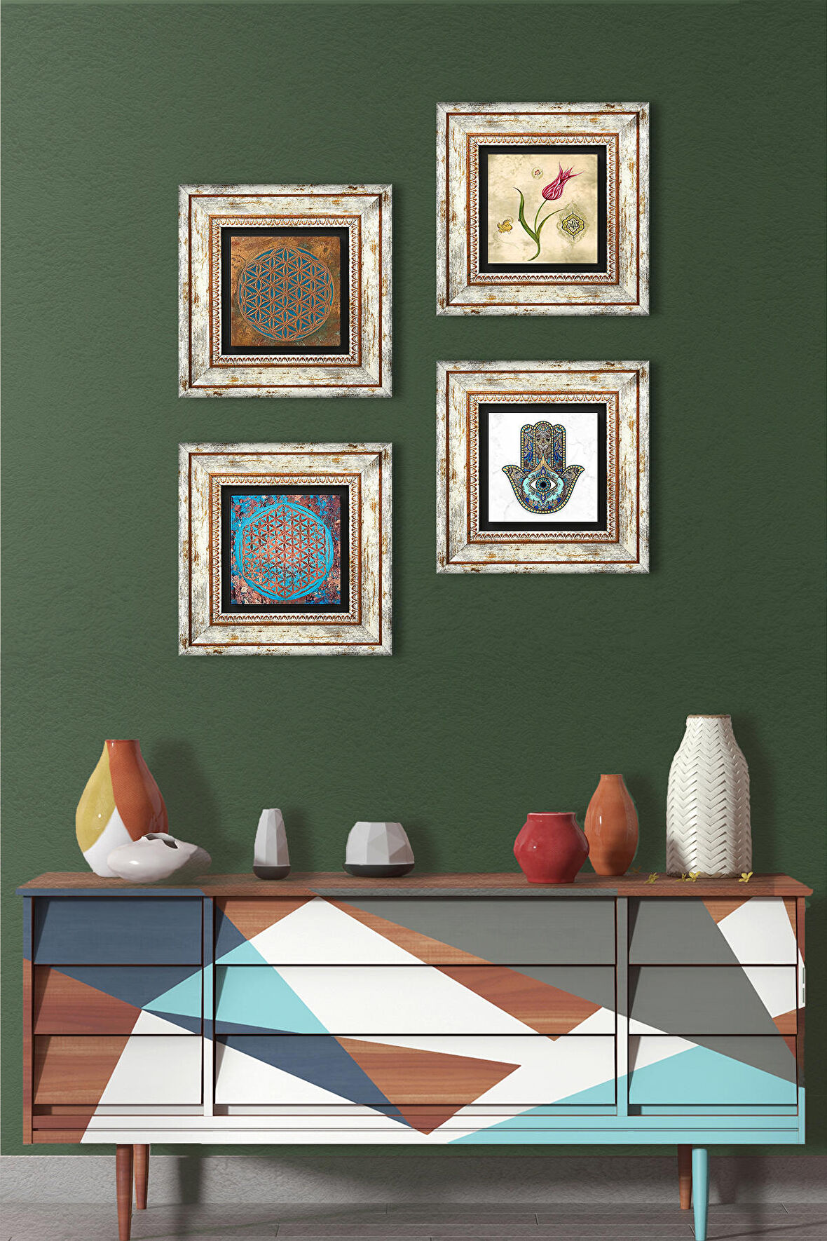 Yaşam Çiçeği, Lale, Fatma Ana Eli (Hamsa) Taş Duvar Tablosu Çerçeveli Duvar Dekoru 4 Parça Tablo Seti Wall Art