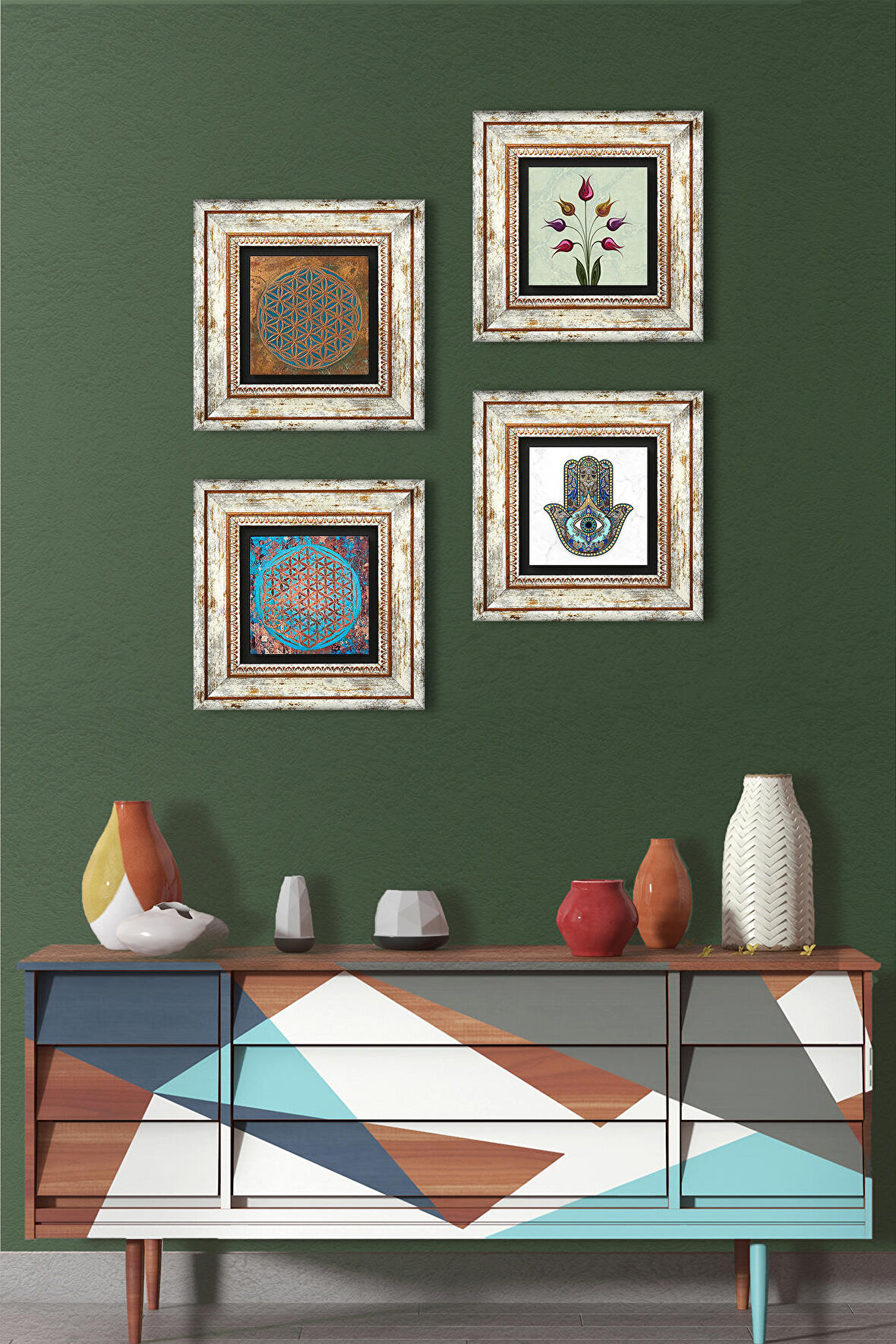 Yaşam Çiçeği, Lale, Fatma Ana Eli (Hamsa) Taş Duvar Tablosu Çerçeveli Duvar Dekoru 4 Parça Tablo Seti Wall Art