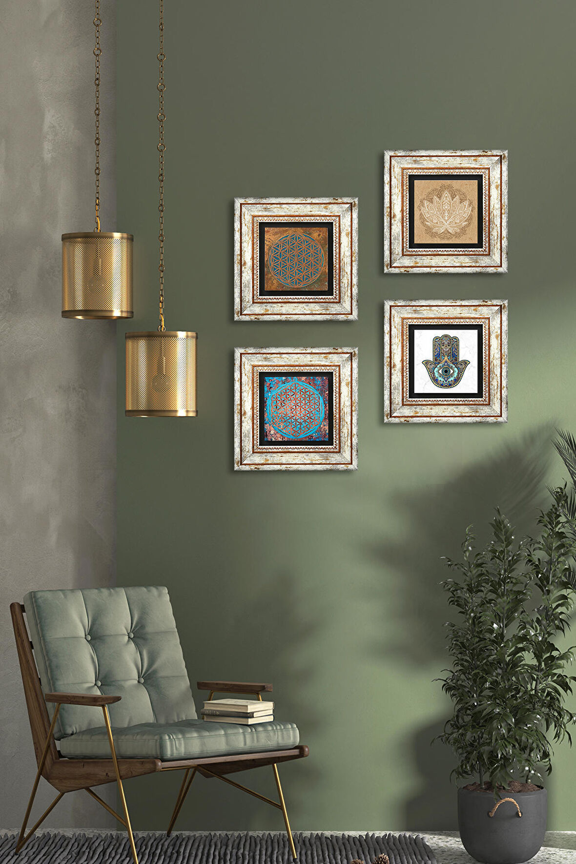 Yaşam Çiçeği, Lotus Çiçeği, Fatma Ana Eli (Hamsa) Taş Duvar Tablosu Çerçeveli Duvar Dekoru 4 Parça Tablo Seti Wall Art