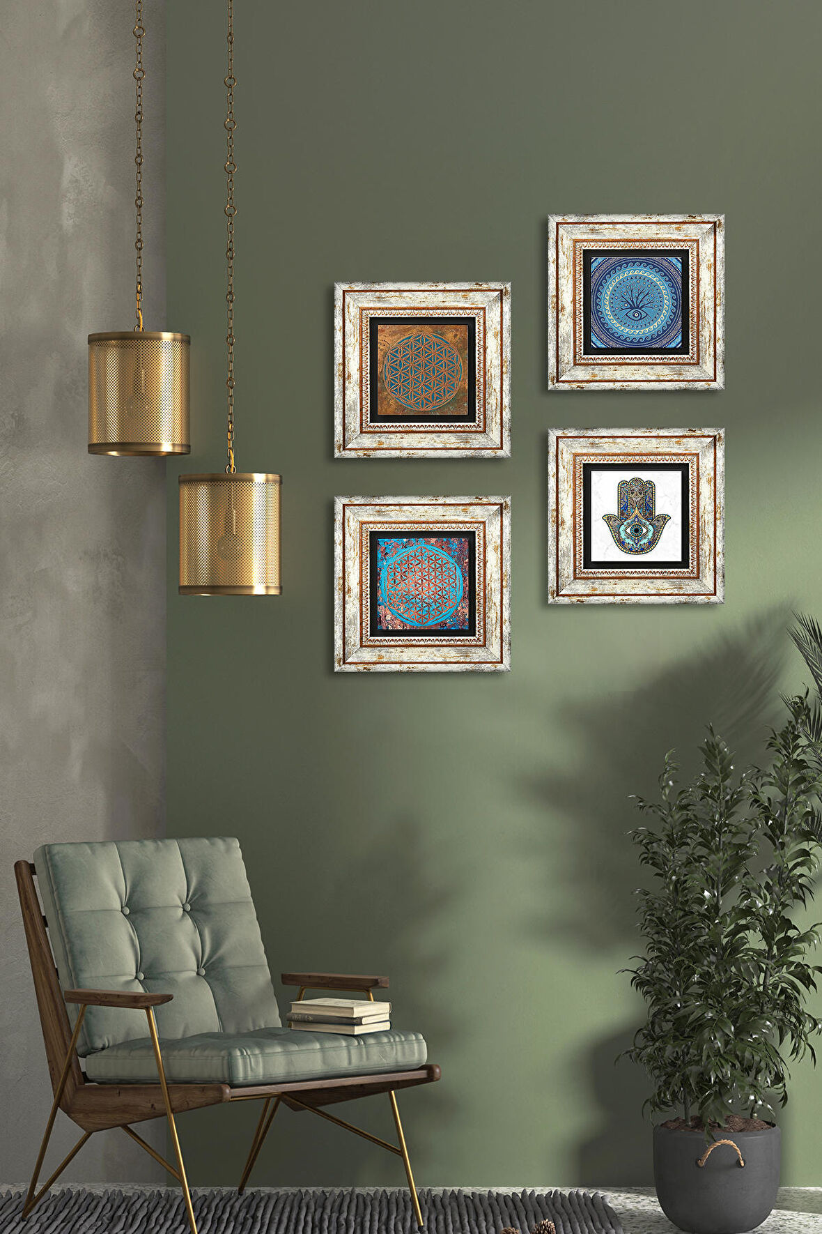 Nazar, Yaşam Çiçeği, Fatma Ana Eli (Hamsa) Taş Duvar Tablosu Çerçeveli Duvar Dekoru 4 Parça Tablo Seti Wall Art