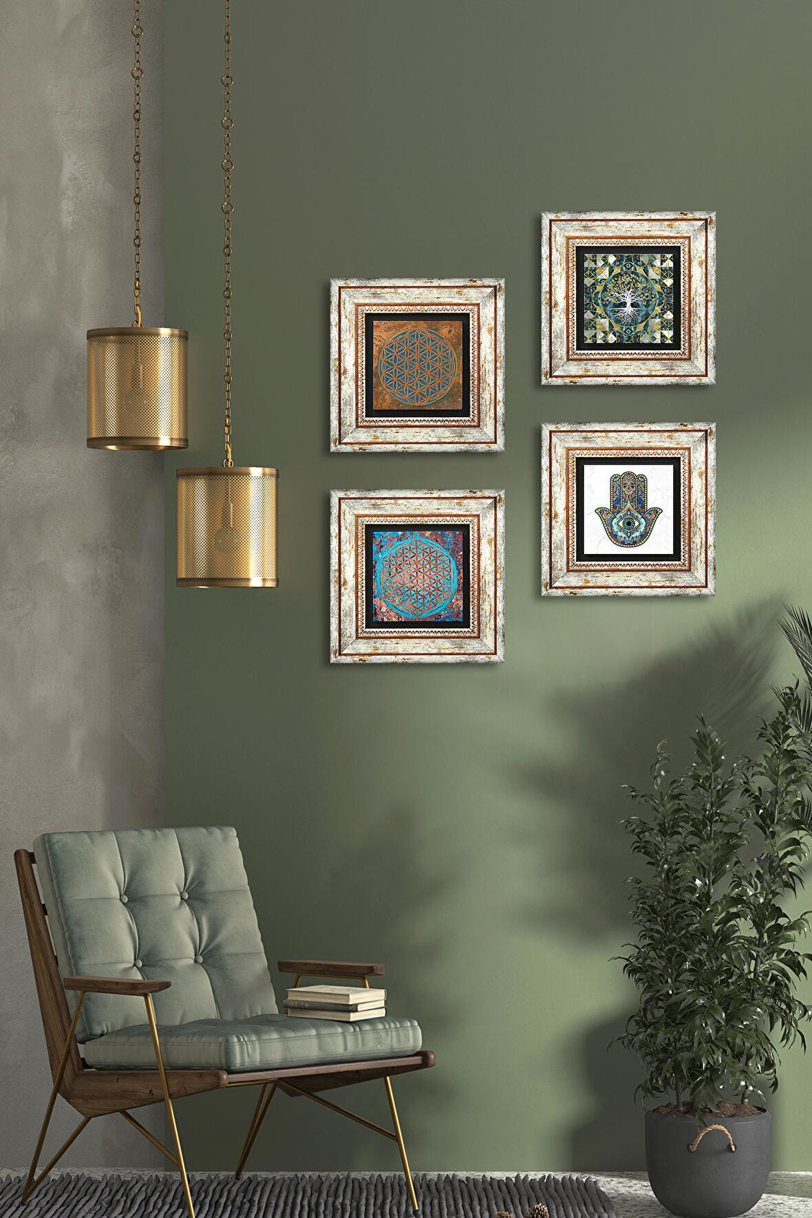 Hayat Ağacı, Yaşam Çiçeği, Fatma Ana Eli (Hamsa) Taş Duvar Tablosu Çerçeveli Duvar Dekoru 4 Parça Tablo Seti Wall Art