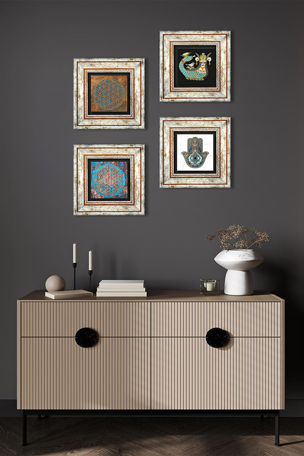 Yaşam Çiçeği, Şahmeran, Fatma Ana Eli (Hamsa) Taş Duvar Tablosu Çerçeveli Duvar Dekoru 4 Parça Tablo Seti Wall Art