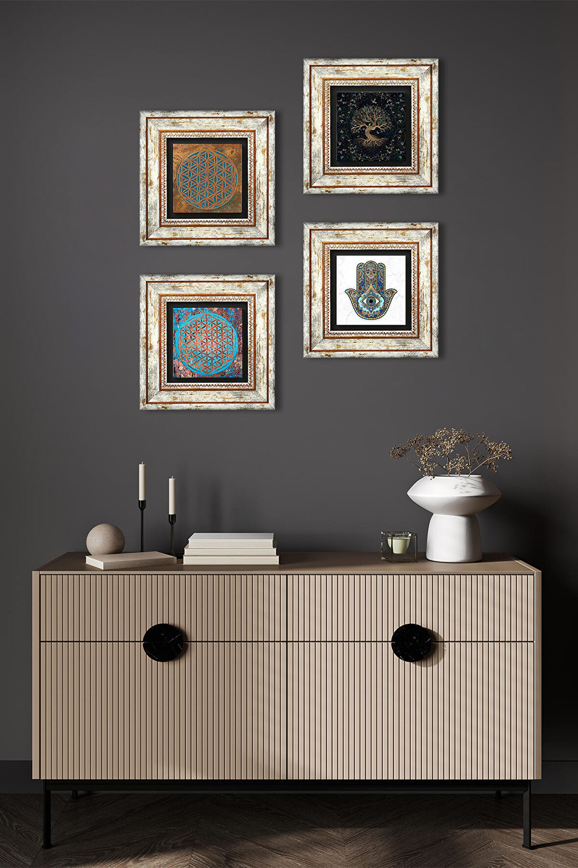 Yaşam Çiçeği, Hayat Ağacı, Fatma Ana Eli (Hamsa) Taş Duvar Tablosu Çerçeveli Duvar Dekoru 4 Parça Tablo Seti Wall Art