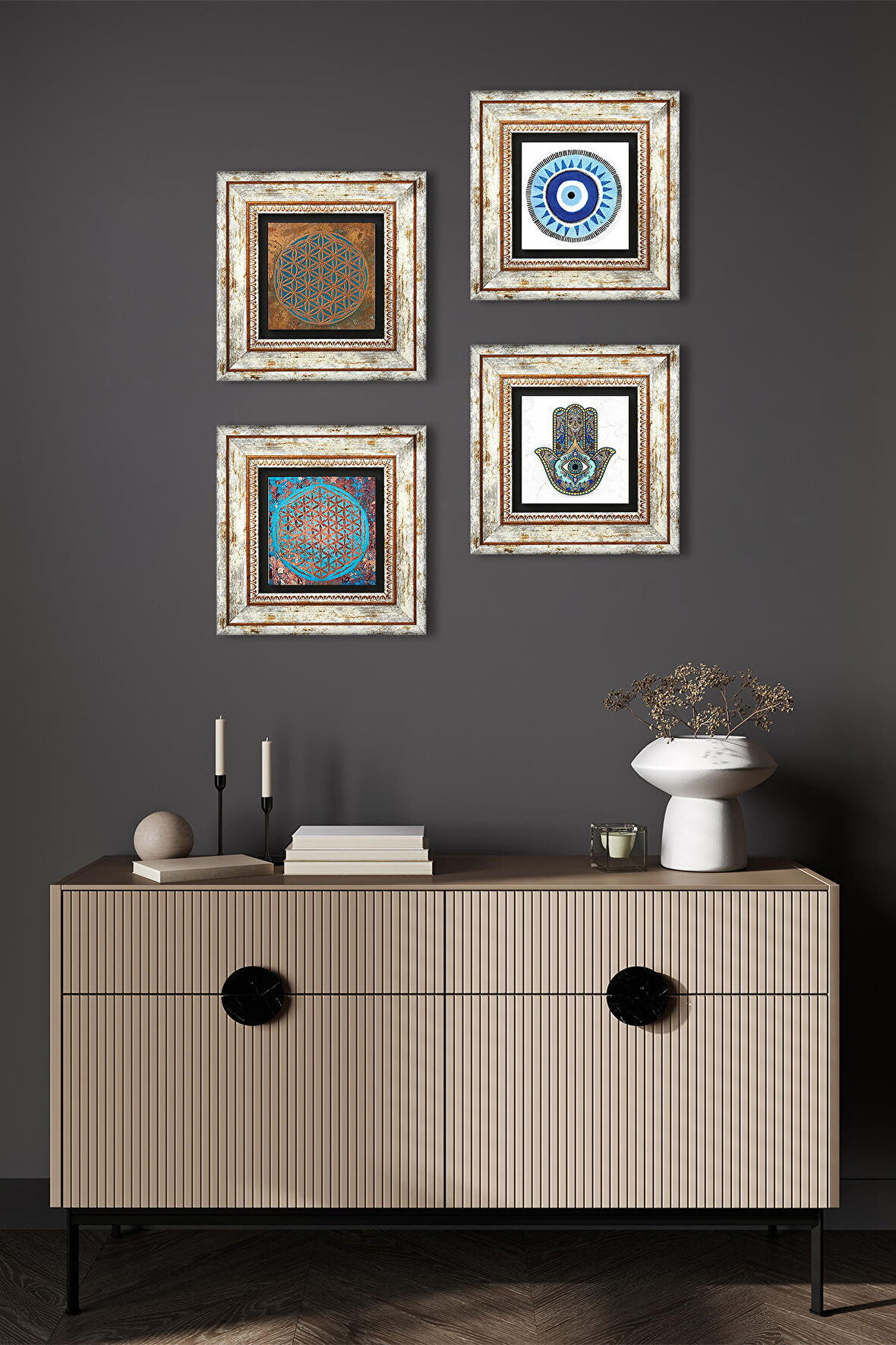 Nazar, Yaşam Çiçeği, Fatma Ana Eli (Hamsa) Taş Duvar Tablosu Çerçeveli Duvar Dekoru 4 Parça Tablo Seti Wall Art