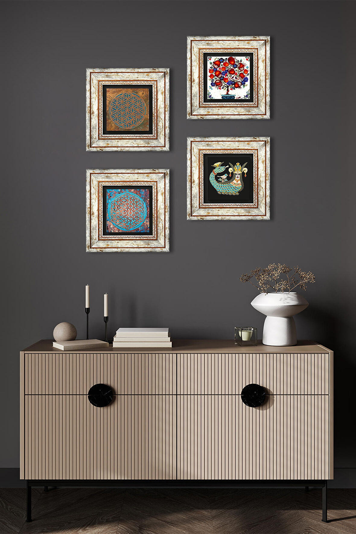 Yaşam Çiçeği, Şahmeran, Nar Ağacı Taş Duvar Tablosu Çerçeveli Duvar Dekoru 4 Parça Tablo Seti Wall Art