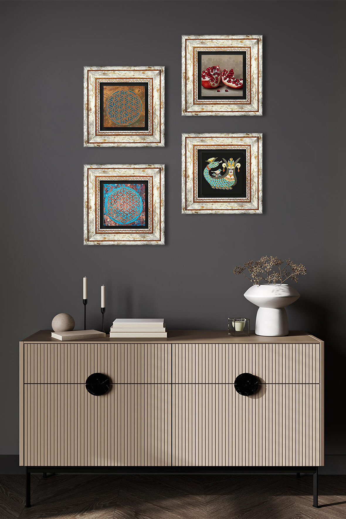 Yaşam Çiçeği, Şahmeran, Nar Taş Duvar Tablosu Çerçeveli Duvar Dekoru 4 Parça Tablo Seti Wall Art