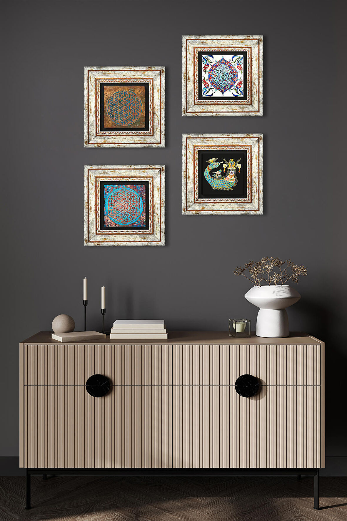 Yaşam Çiçeği, Çini Sanatı, Şahmeran Taş Duvar Tablosu Çerçeveli Duvar Dekoru 4 Parça Tablo Seti Wall Art