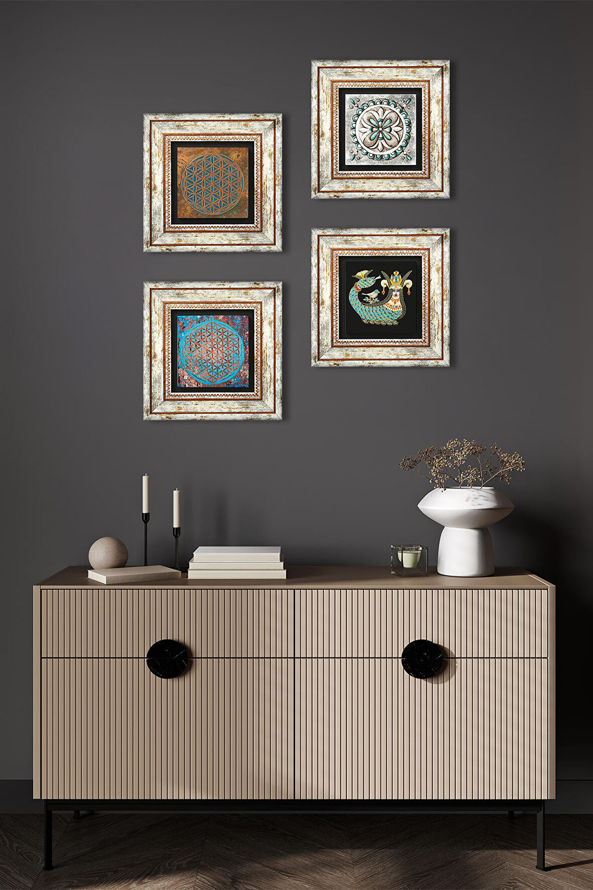 Yaşam Çiçeği, Çini Sanatı, Şahmeran Taş Duvar Tablosu Çerçeveli Duvar Dekoru 4 Parça Tablo Seti Wall Art