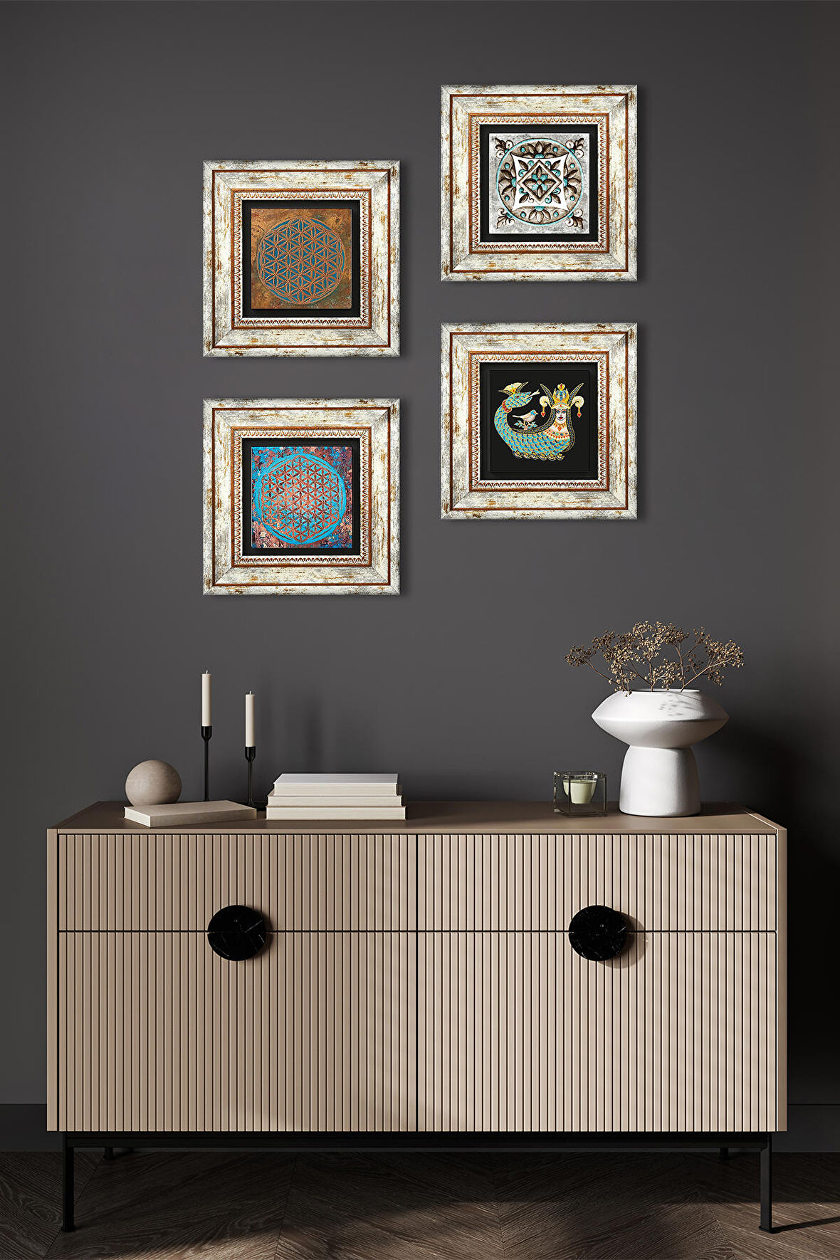 Yaşam Çiçeği, Çini Sanatı, Şahmeran Taş Duvar Tablosu Çerçeveli Duvar Dekoru 4 Parça Tablo Seti Wall Art