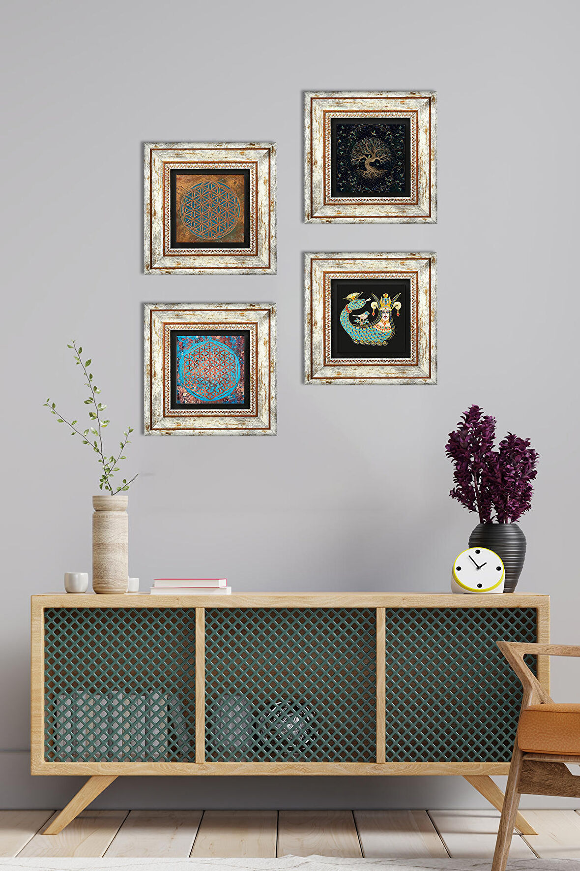 Yaşam Çiçeği, Hayat Ağacı, Şahmeran Taş Duvar Tablosu Çerçeveli Duvar Dekoru 4 Parça Tablo Seti Wall Art