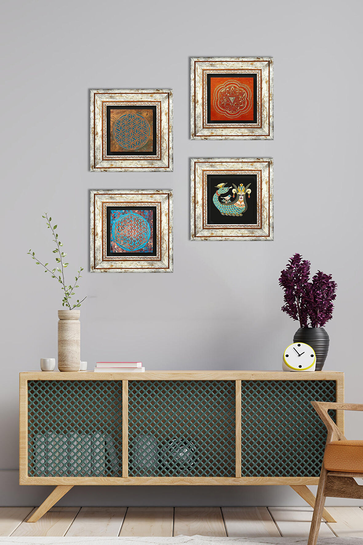 Yaşam Çiçeği, Sri Yantra, Şahmeran Taş Duvar Tablosu Çerçeveli Duvar Dekoru 4 Parça Tablo Seti Wall Art